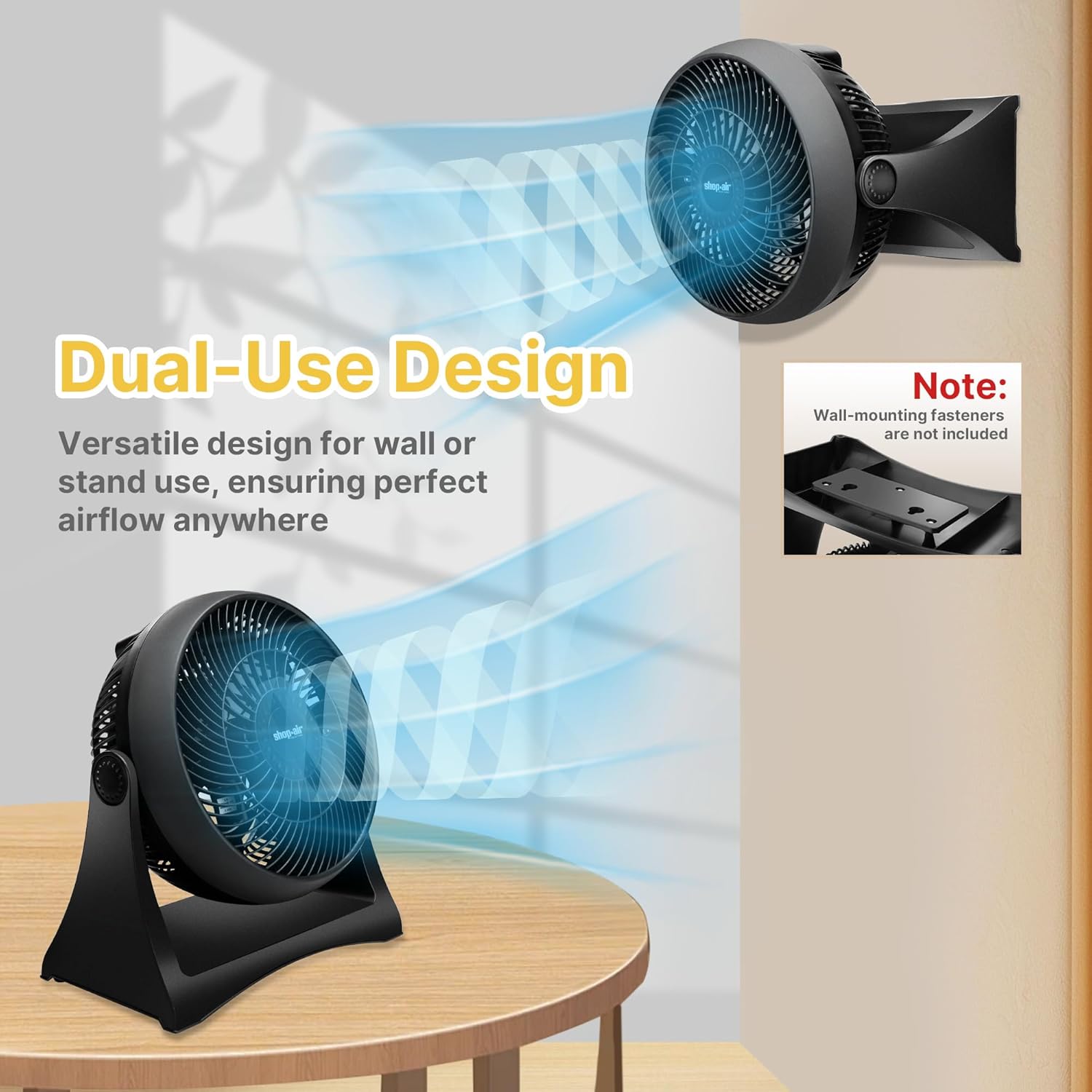 Shop-Air 8" Wall-Mounted Desk Fan, TurboForce Air Circulator Fan, High-Velocity Cooling Table Fan, 3 Speeds, Quiet Operation, 120° Adjustable Tilt, Home & Office