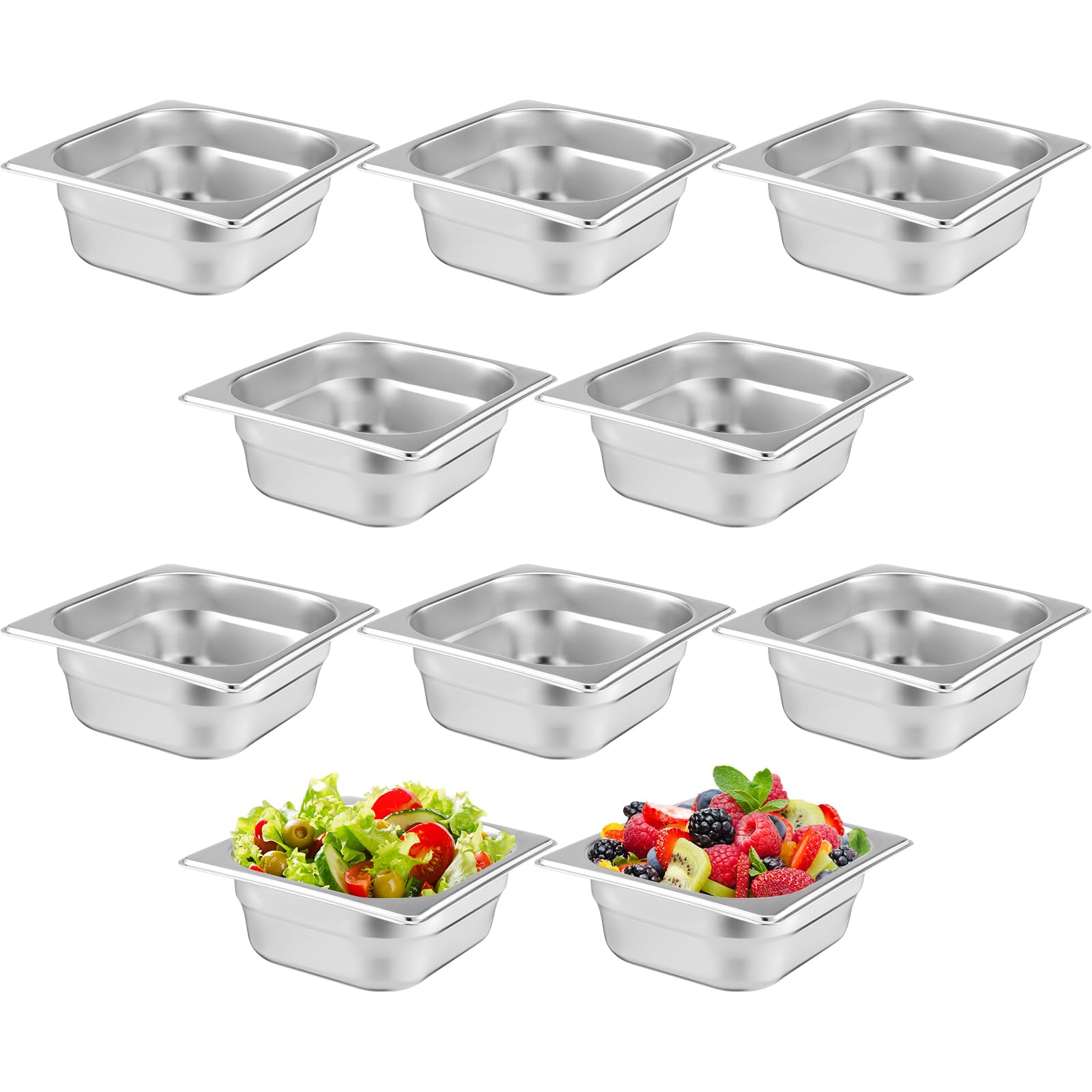 Thenshop 10 Pack 1/6 Size 2.5 Inch Deep Hotel Pans Stainless Steel Steam Table Food Pan Commercial Metal Food Catering Tray Anti Jam for Hotel Restaurant Buffet Party Supplies(European)
