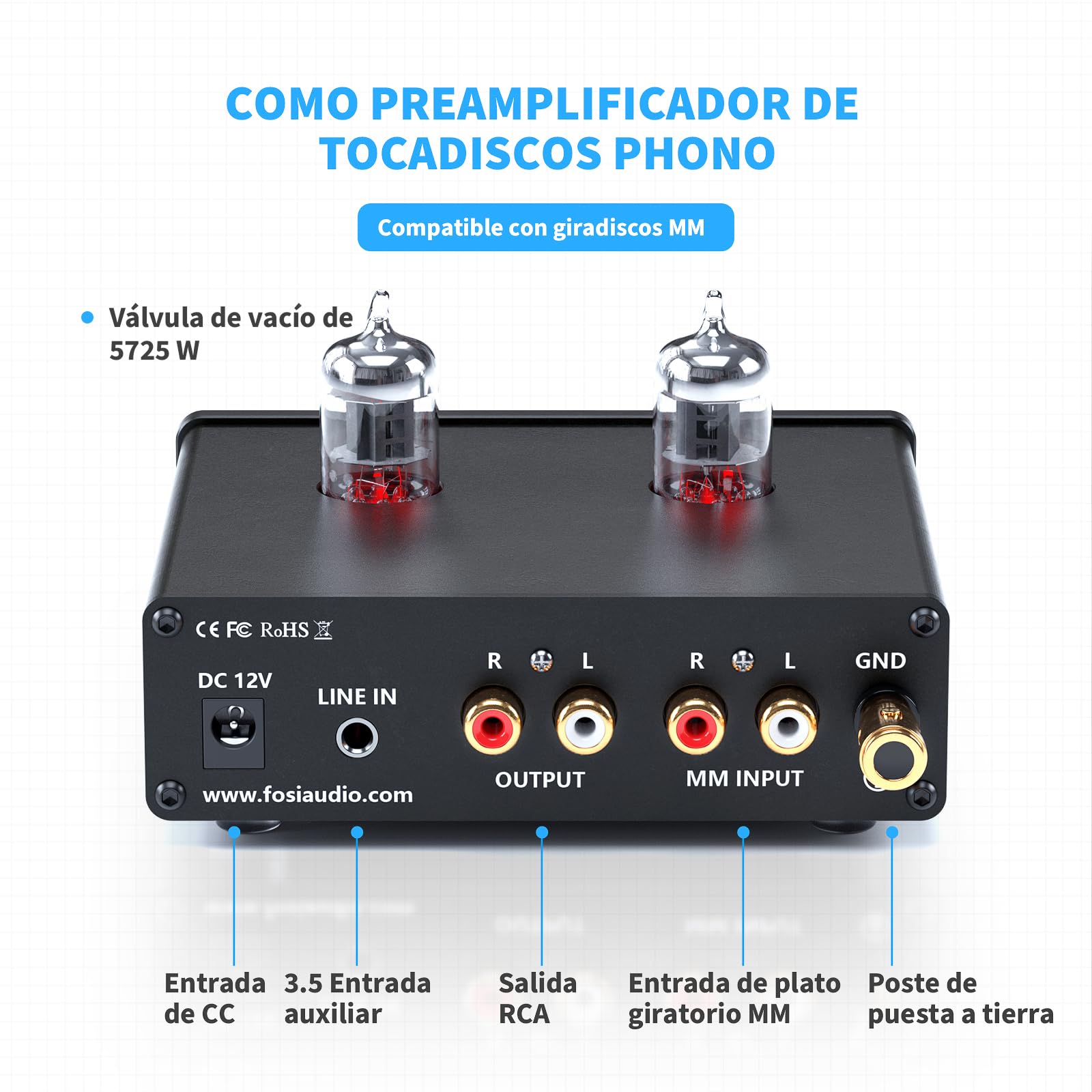 Fosi Audio Box X4 Phono Preamp Amplificador de Auriculares/Preamplificador Hi-Fi Pre Amp con 5725W Tubos de vacío para MM Tocadiscos Fonógrafo Tocadiscos con Control de Volumen Bass Treble
