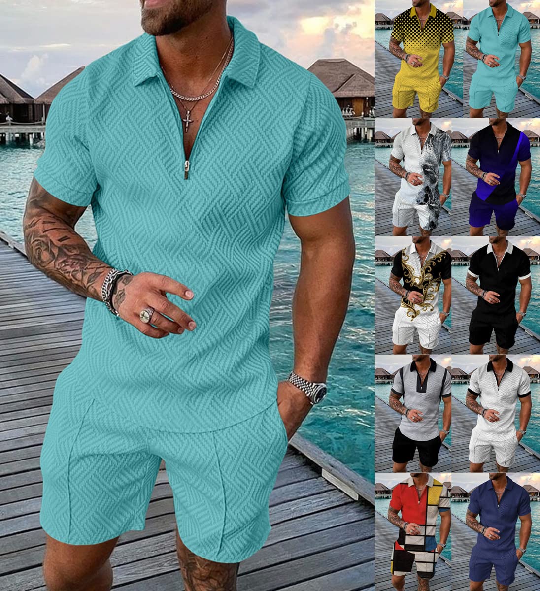 Trainingsanzug für Herren Sommer Sportanzug 2 Teiliges Outfit Sport Set Kurzarm T-Shirts + Kurze Hose Sets Freizeitanzug Männer Business Polo Hemd mit Revers Sporthose