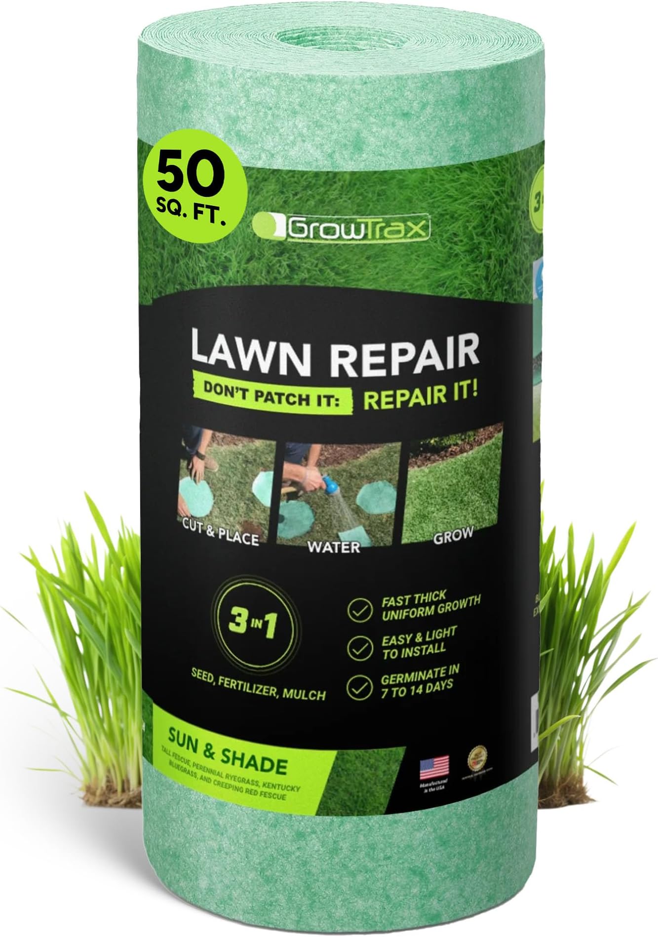 Grotrax Biodegradable Grass Seed Mat, Year Round Green - 50 Sq Ft Quick Fix Roll - Growing Solution for Lawns, Dog Patches and Shade - Just Roll Water & Grow -Not Fake or Artificial Grass