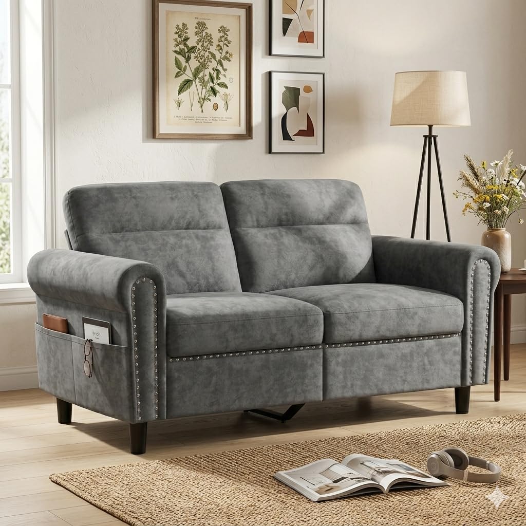 Canapé 2 Places modèle, canapé avec accoudoirs, Fauteuil 2 Places avec accoudoirs et Poche latérale,canapé pour Salon, Appartement, Bureau, 150 x 71 x 83 cm (Gris Foncé)