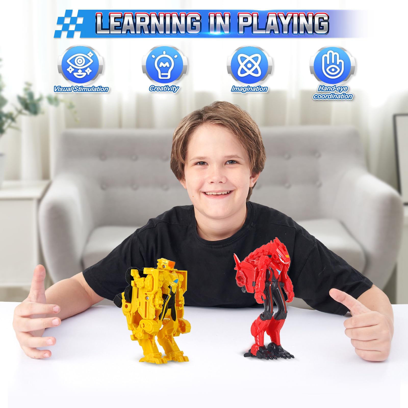 2 in 1 Transformer Toy Action Figure Dinosaur Raptor and Ankylo 2 Pieces, 5 Inches, Children's Action Figure Toy for 5 6 7 8 9 10 Years Old Boys and Girls, Red/Yellow