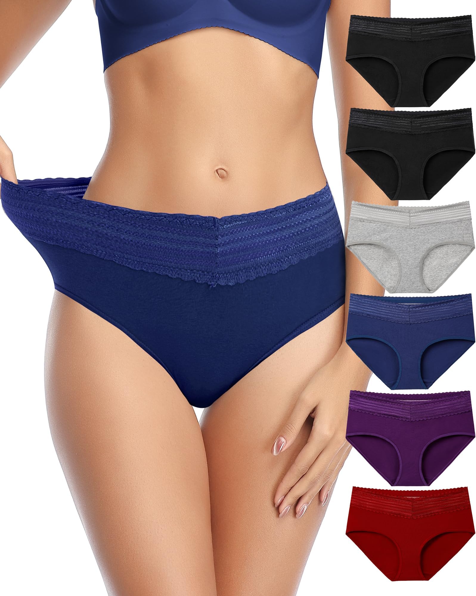 Womens Underwear Cotton Bikini Panties Soft Comfy Lace Hipster Panty Stretch Ladies Briefs 6 Pack