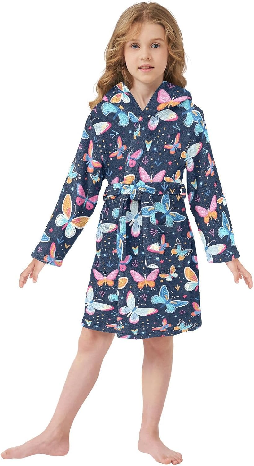 senya Cute Butterflies Color Toddler Hooded Bathrobe Kids Soft Plush Bath Towel Robes for Boys Girls 2-12 Years