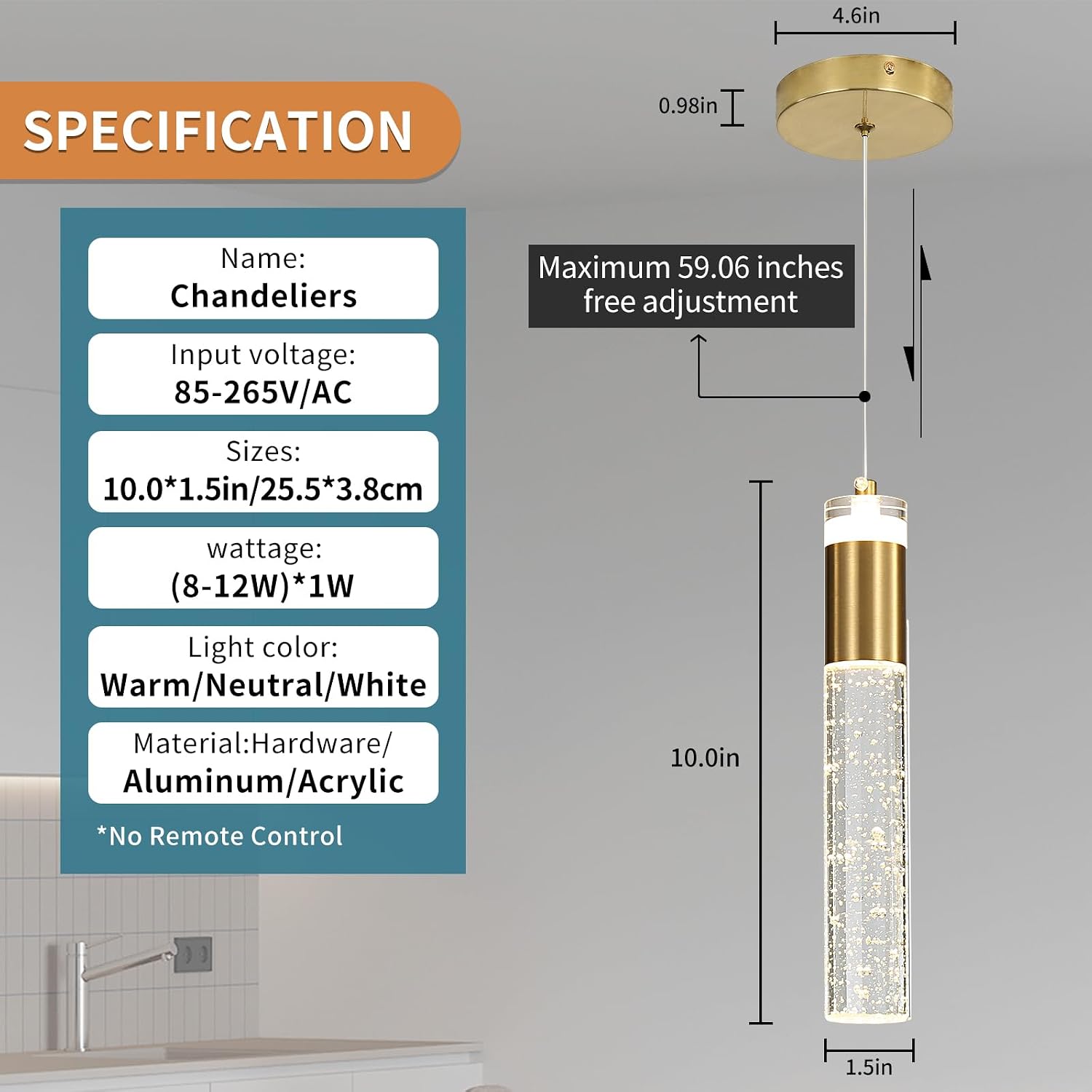 Cylindrical Gold Dining Room Pendant Light, 3 Color Temperature 3000k/4500k/6500k Ceiling Pendant Light, 2 Pack for Bedroom, Living Room, Study Room