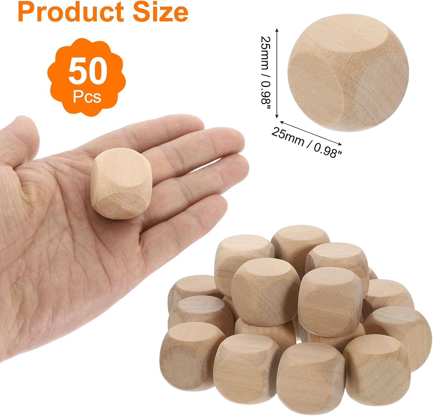 uxcell 50 Pcs Blank Wooden Dice, 25mm/0.98inch Unfinished Wooden Cube Rounded Corners Square Block for DIY Craft Projects
