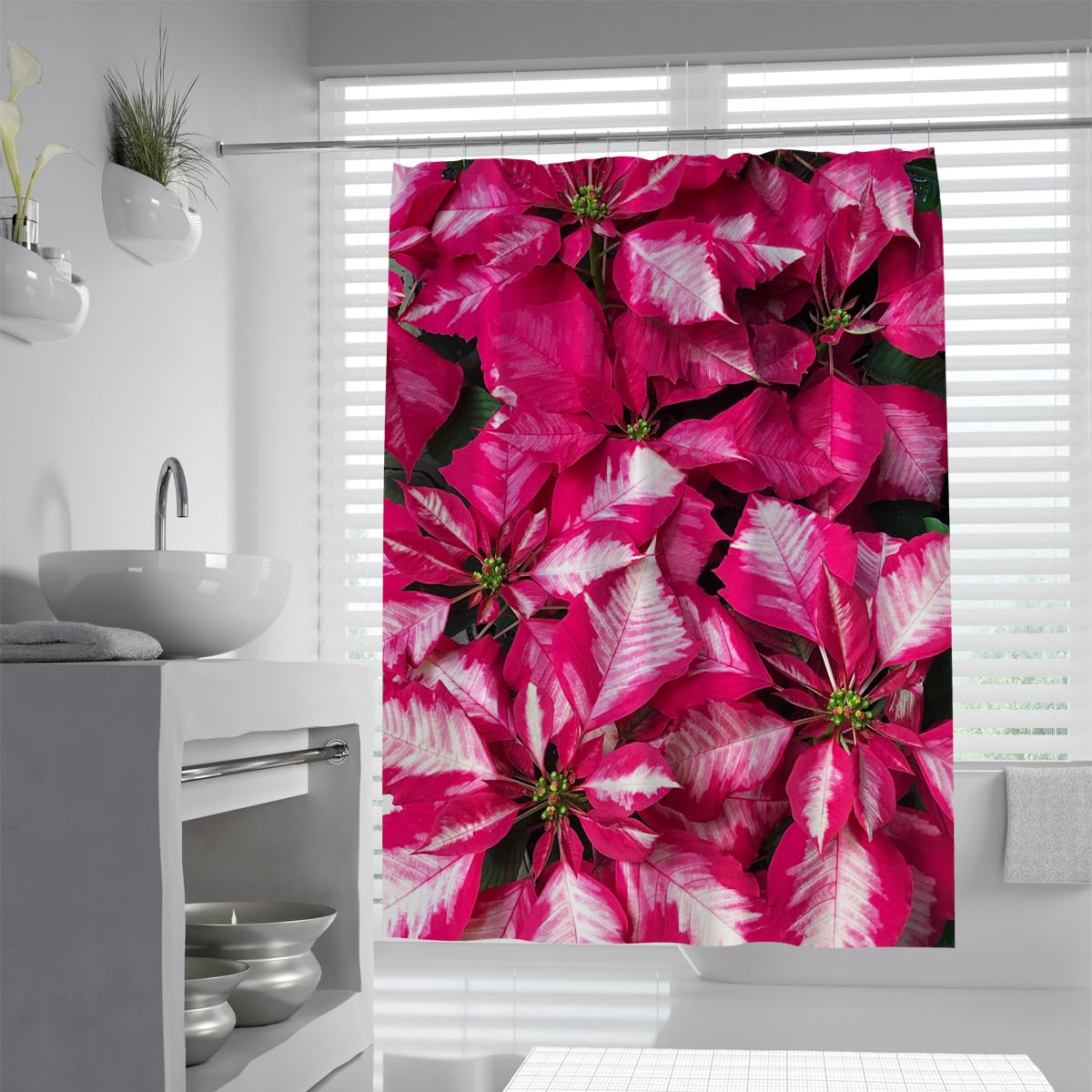 Cortina de Ducha roja 240Bx200Lcm Moda para el hogar Flores de Navidad Poinsettias Tela Cortinas de Ducha de baño 240Bx200Lcm con Ganchos Diseño Impermeable y Lavable