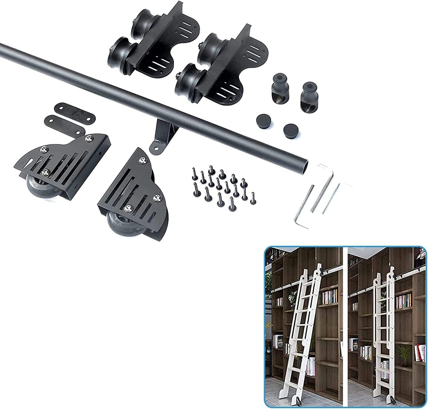 Library Rolling Ladder Mounting Kit Sliding Ladder Library Full Set Hardware Rolling Track (No Ladder) + Floor Roller Wheels, 3.3Ft-20Ft Retractable Black Steel round Tube Mobile Ladder Rail