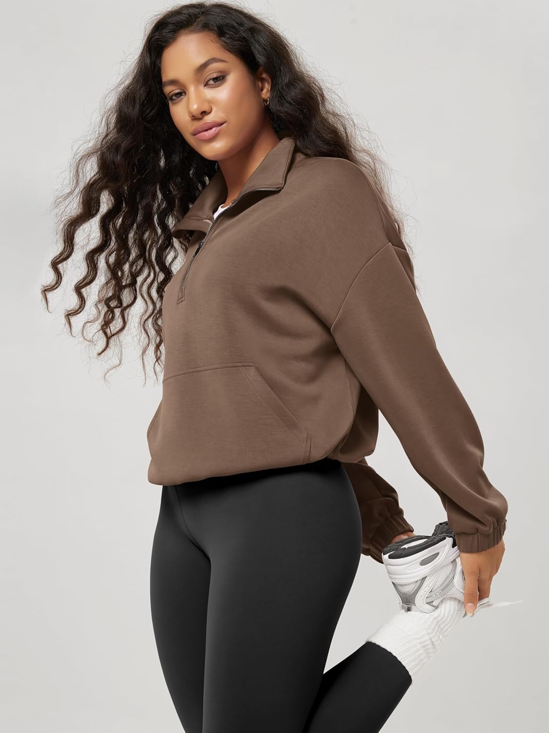 ODODOS Women's Modal Soft Cinchable Sweatshirts Half Zipper Funnel Neck Oversize Pullover with Pockets - Image 2