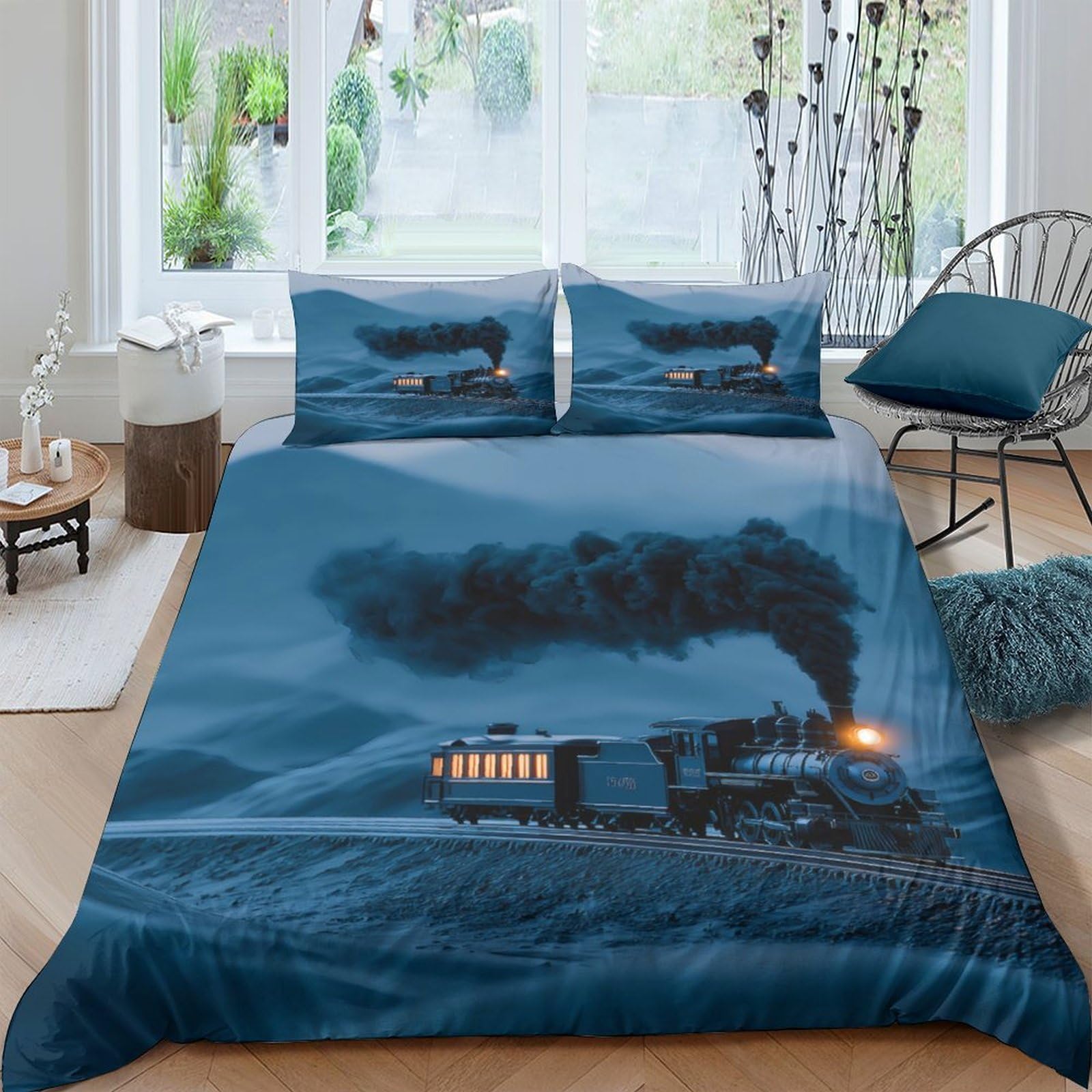Ctjqhvkz Style-4 3D Printed Steam Train Fitted Sheet Microfiber Smoke Blue Mountain Bed Cover For Bedroom Guest Room Easy Care Single（135X200cm）