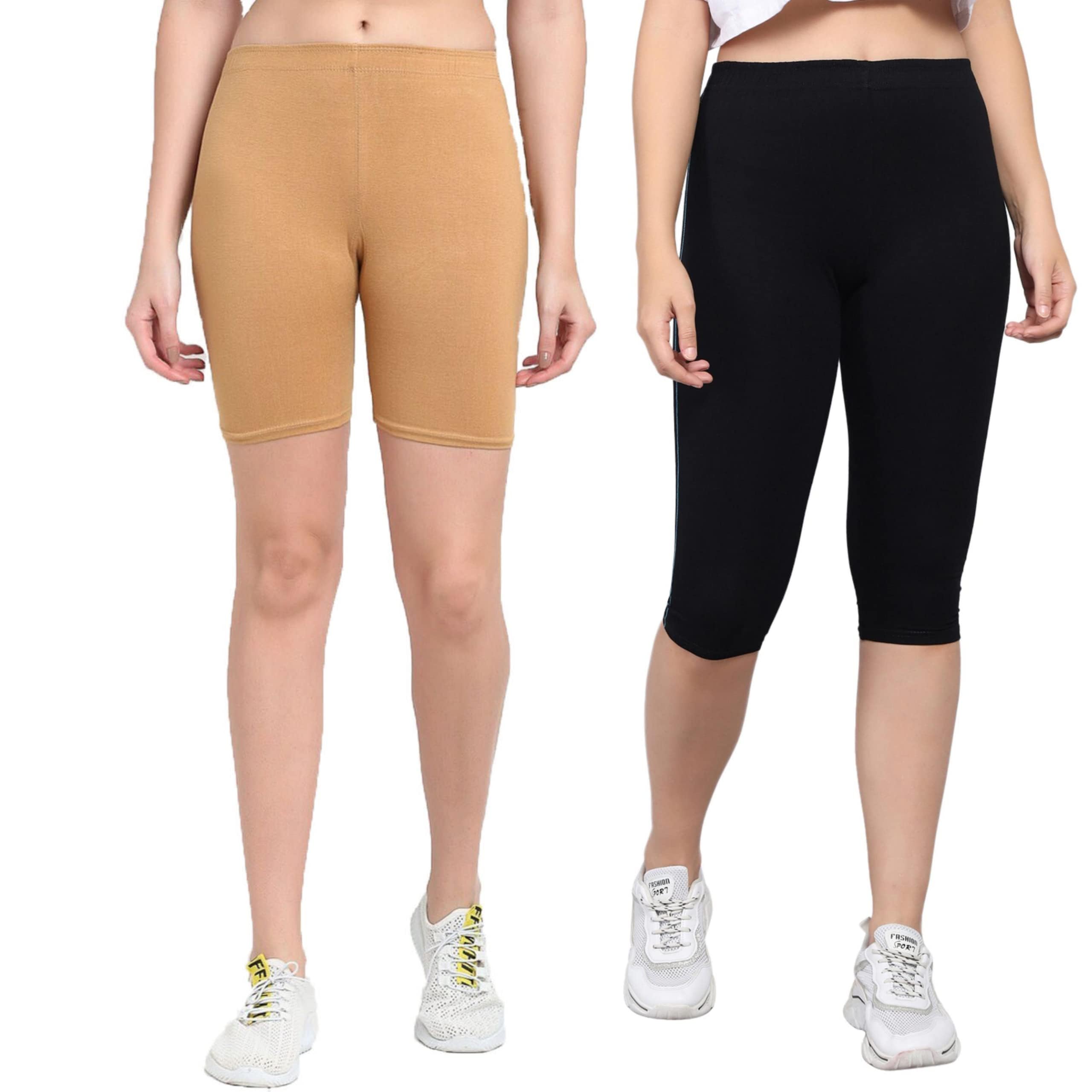 pink shell Women's Cotton Calf-Length-Capri and Cycling Shorts for Gym Wear/Sports Wear Pants | Comfortable & Breathable Fabric | Black(C)/Beige(S) | 36-picture-16