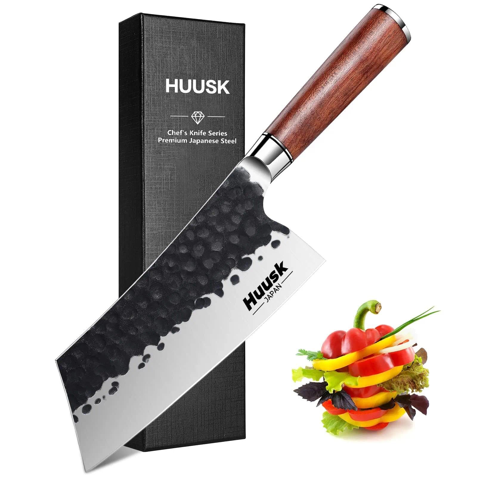 Huusk Cleaver Knife, 7" Japanese Professional Kitchen Knife, High Carbon Steel Sharp Chef Knives for Meat and Vegetable Chopping Knives with Ergonomic Rosewood Handle Christmas Gifts for Men and Women