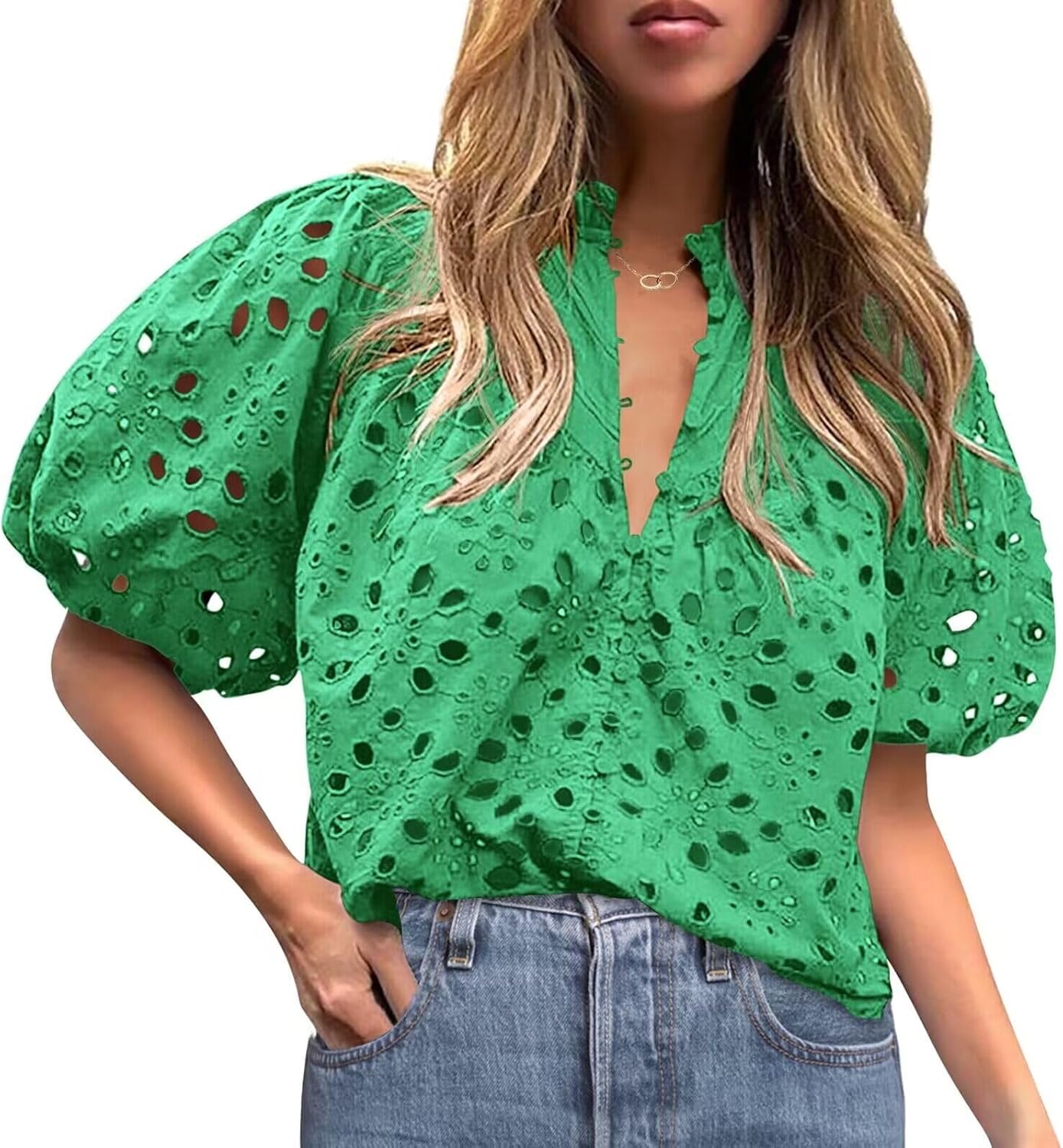 Eyelet Tops for Women Summer Tops, Eyelet Blouse for Women Hollow Out Lace Top Embroidered Blouses, V Neck Button Puff Sleeve X-Large Green