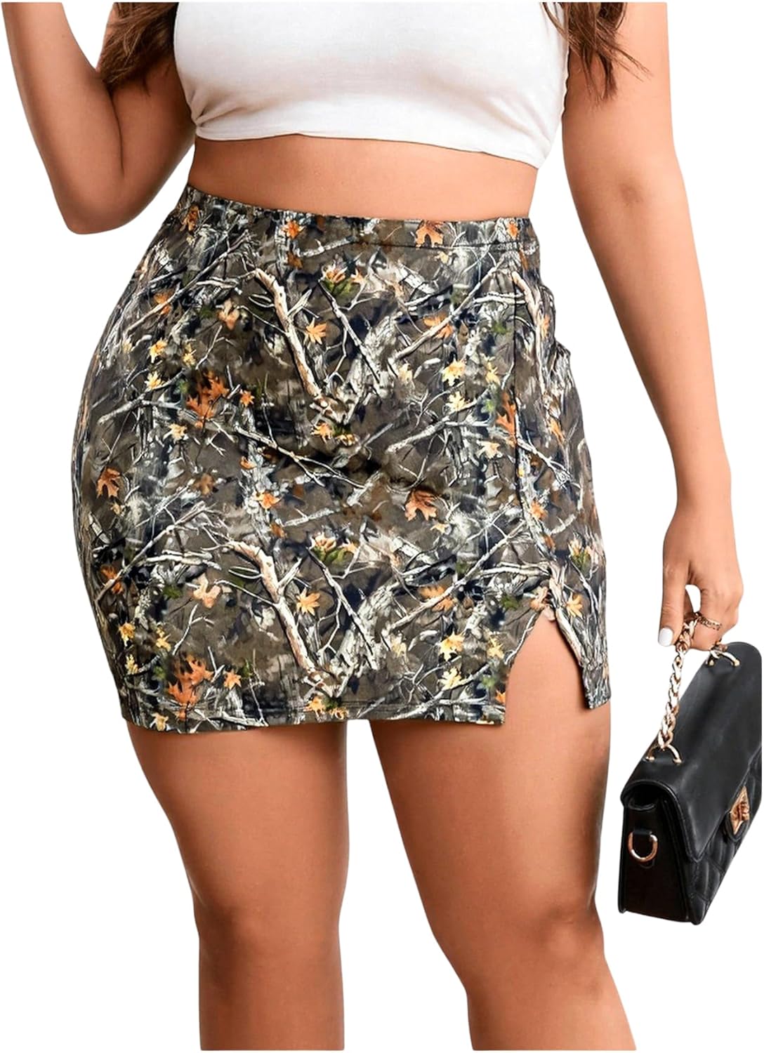 SOLY HUX Women's Plus Size High Waist Elastic Slit Sexy Stretch Fitted Bodycon Mini Skirts