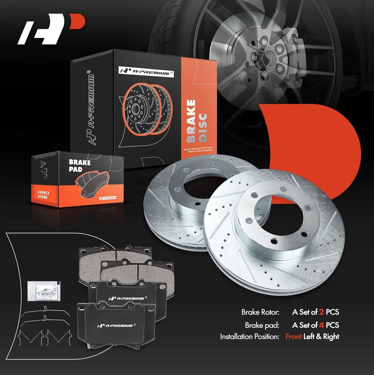 A-Premium 12.55 inch (318.7mm) Front Drilled and Slotted Disc Brake Rotors + Ceramic Pads Kit Compatible with Toyota Model - Tundra 2000-2003, Sequoia 2001-2003, 4.7 Inch Front Pad Length, 6-PC Set