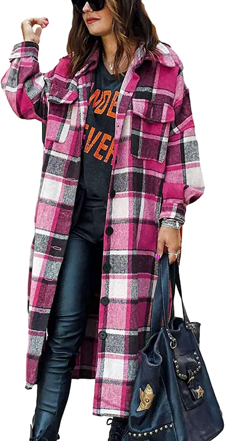 Peaceglad Women's Lounge Lapel Button Up Long Sleeve Plaid Long Shirt Jacket Shacket