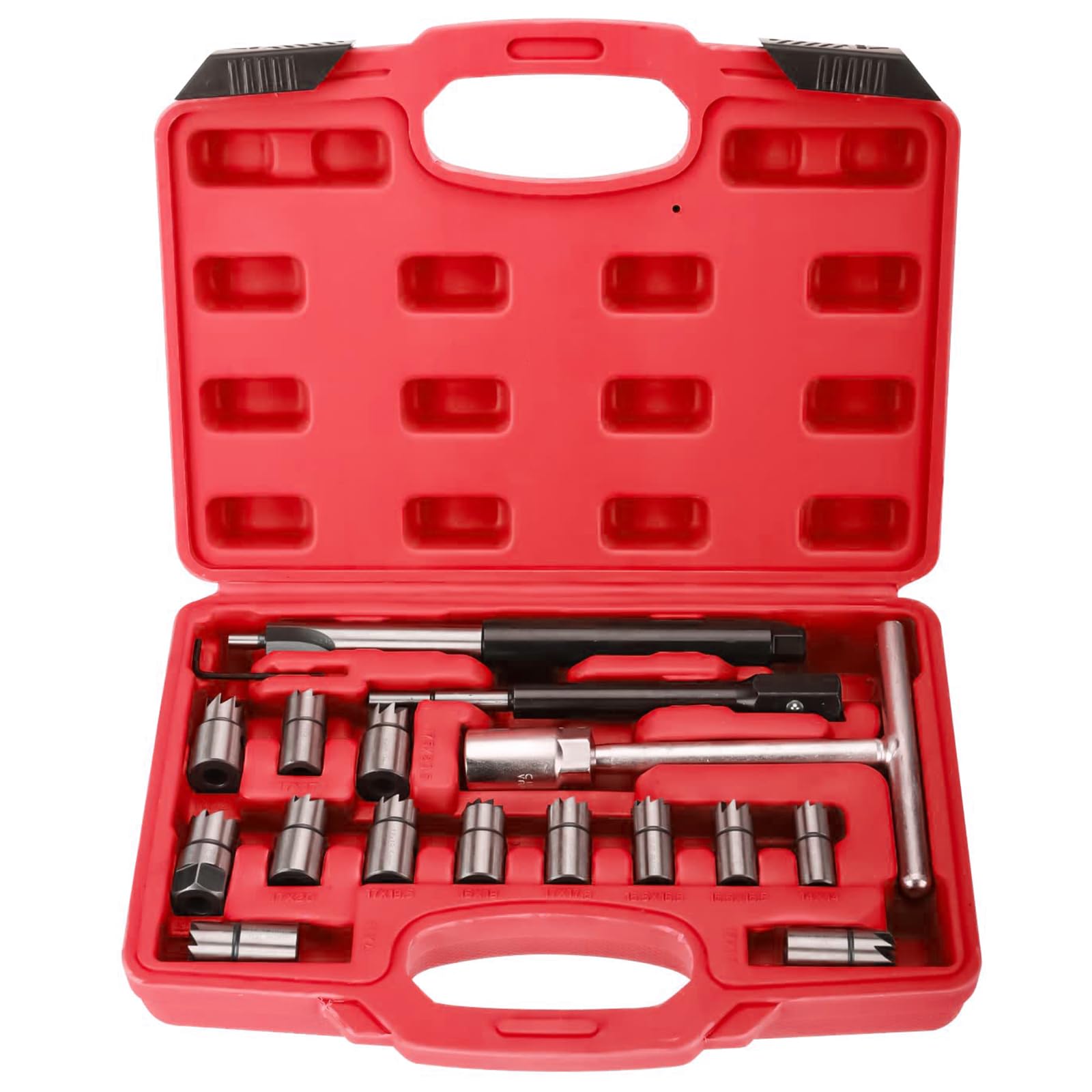 FreeTec 17 pzas Escariador de Inyectores, 14-21,5 mm Escariador de Asiento de Inyector Diesel, Profesional Escariadores Asiento Inyectores Kit Limpieza y Fresado Compatible con VW Audi BMW