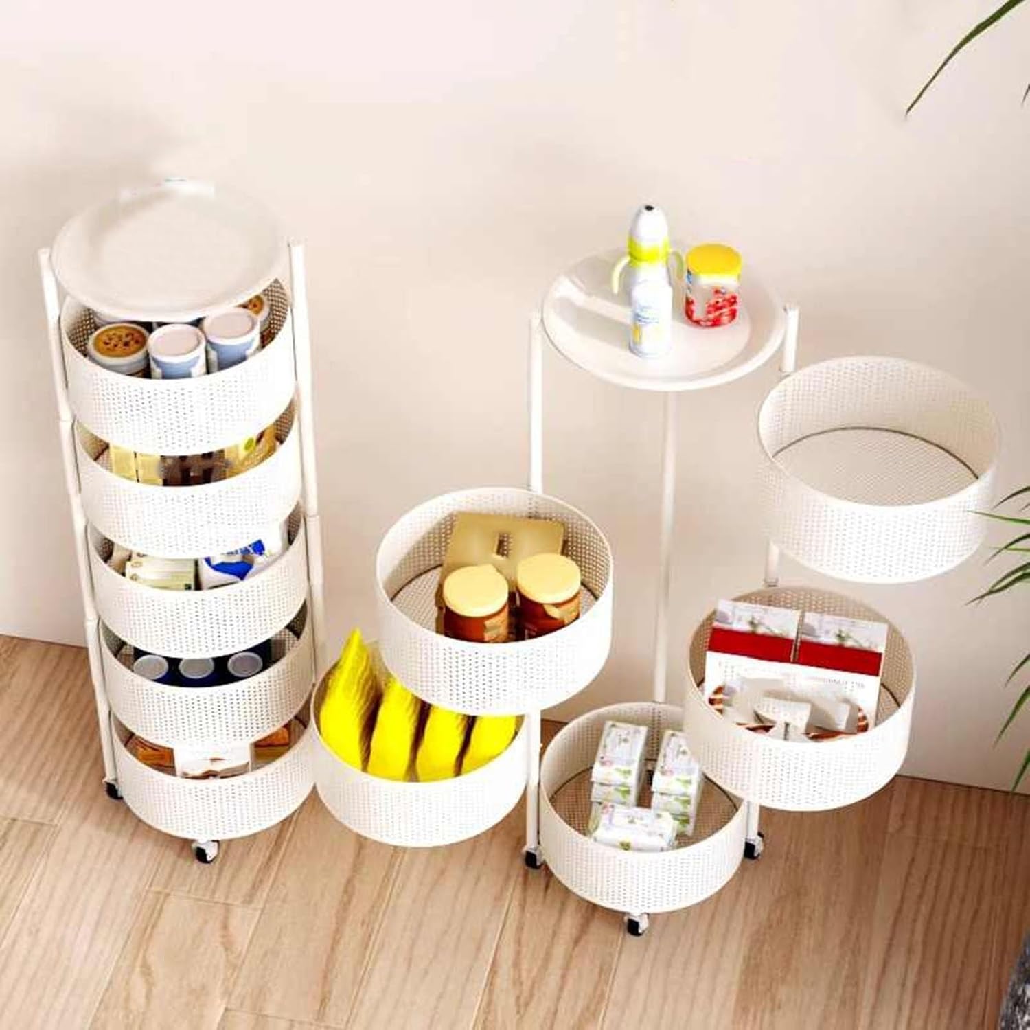 3/4/5 Tiers Rotating Fruit and Vegetable Shelf,Metal Storage Rotating Basket,Bathroom Shelf with Wheels,for Kitchen Bathroom Bedroom(Gold,3 Tiers)