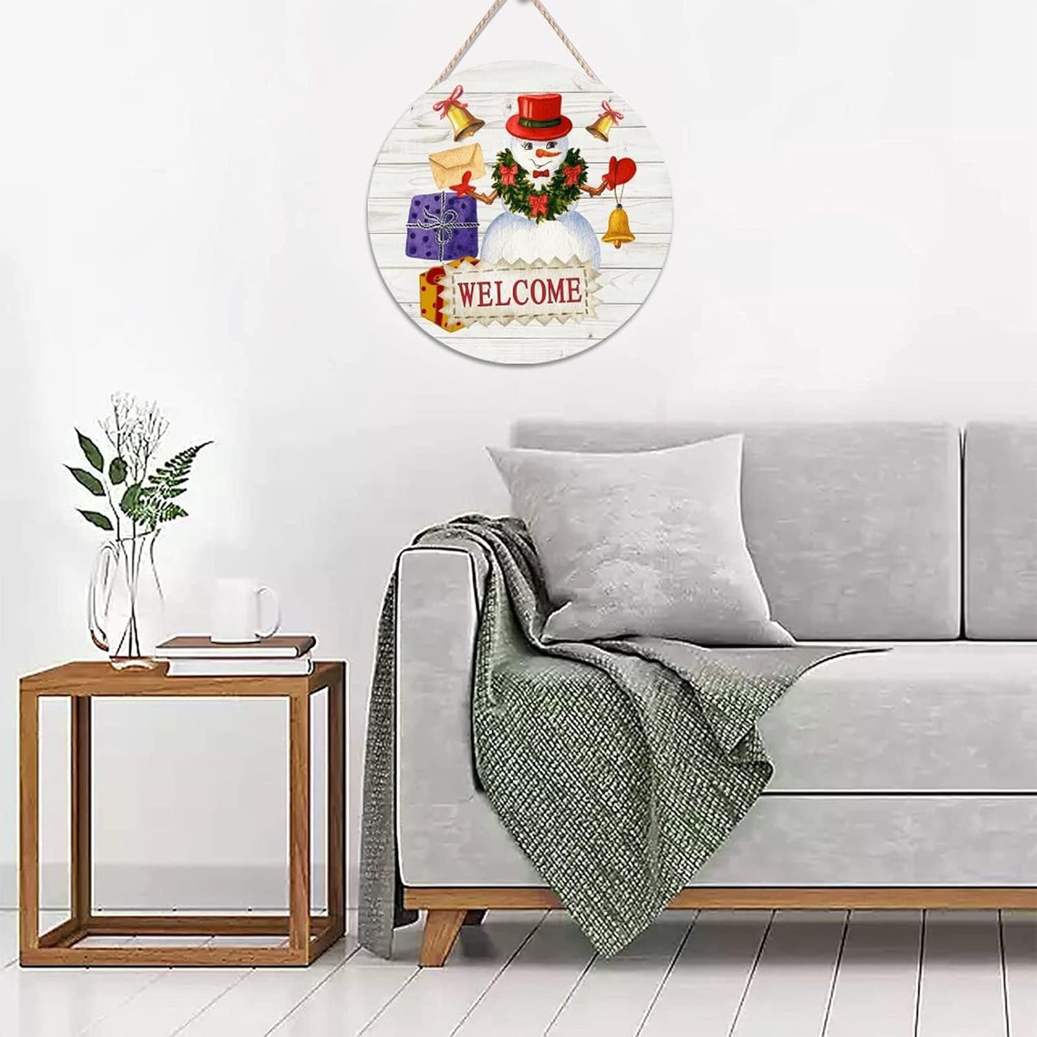 Christmas Snowman Welcome Wood Door Sign, Winter Front Door Round Welcome Wood Sign, 16x16in Merry Christmas Welcome Wall Door Hanging Sign for Backyard Front Porch Door Decor