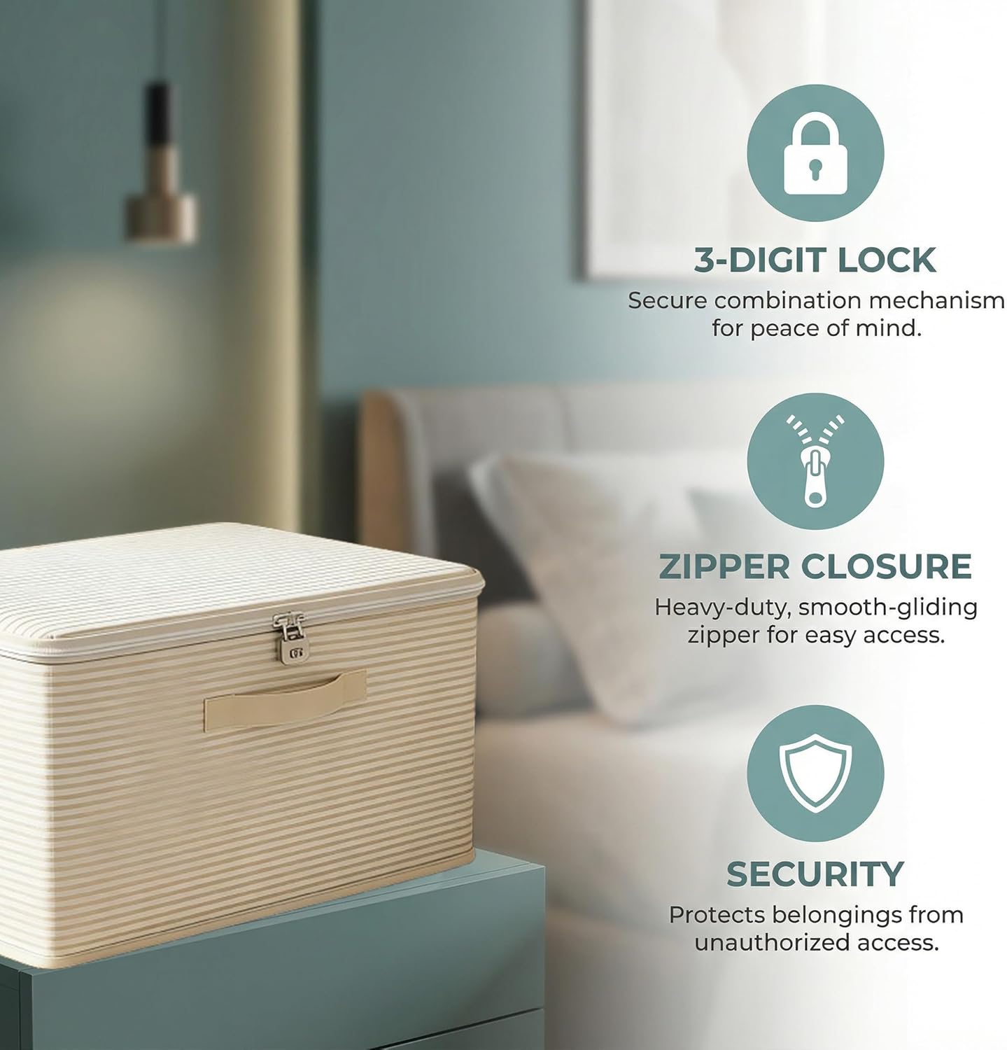Discreet Lockable Adult Toy Box Storage Organizer with Zipper Lid, 15x10x10 Inch Large Capacity Travel Case, Secure Lock Privacy Bag for Women & Men Clothes Container(Beige Stripes)