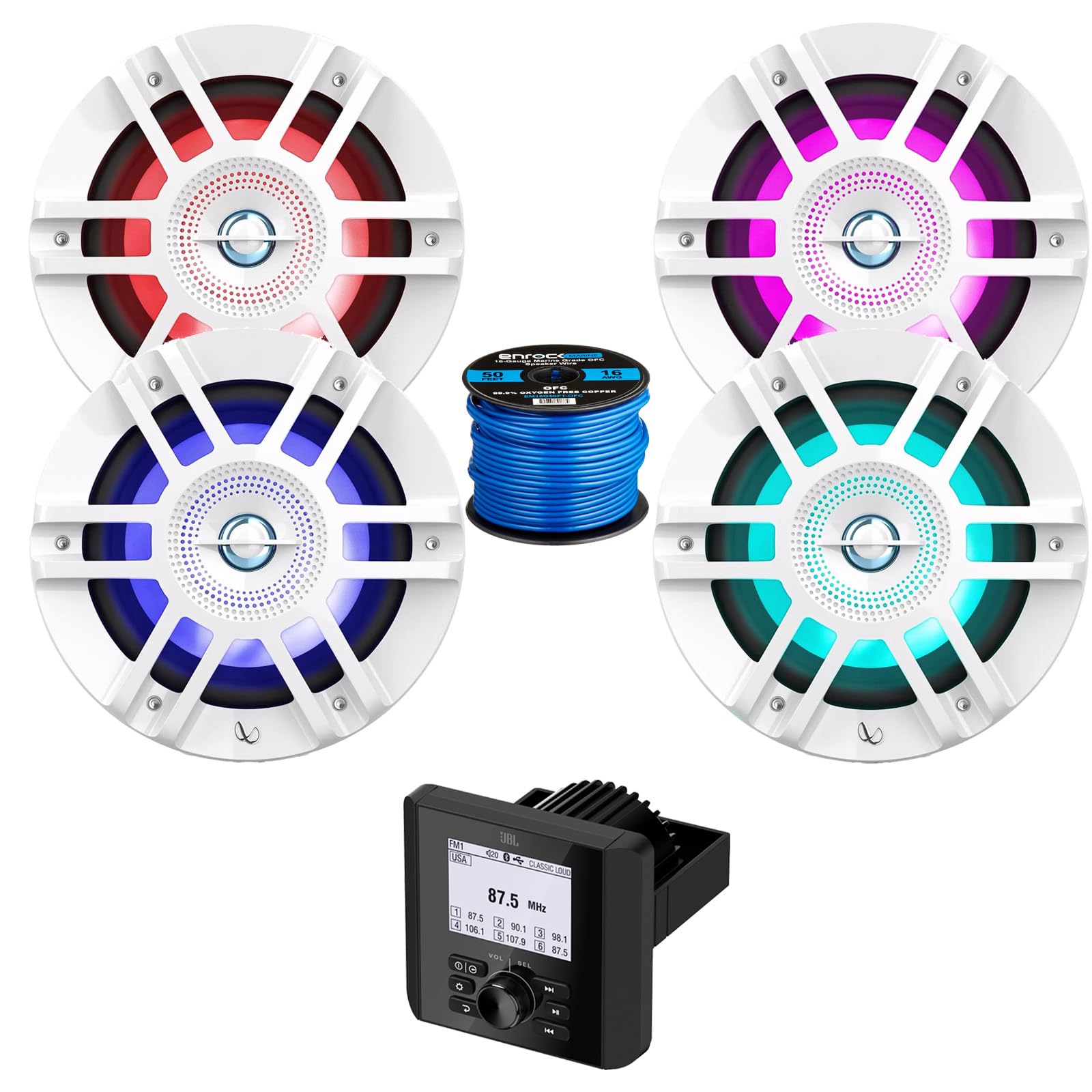 Bluetooth AM/FM Radio IP66 Multi-Element Digital Media Marine Audio Receiver Bundle Combo with 2 Pair (Qty 4) of 6.5