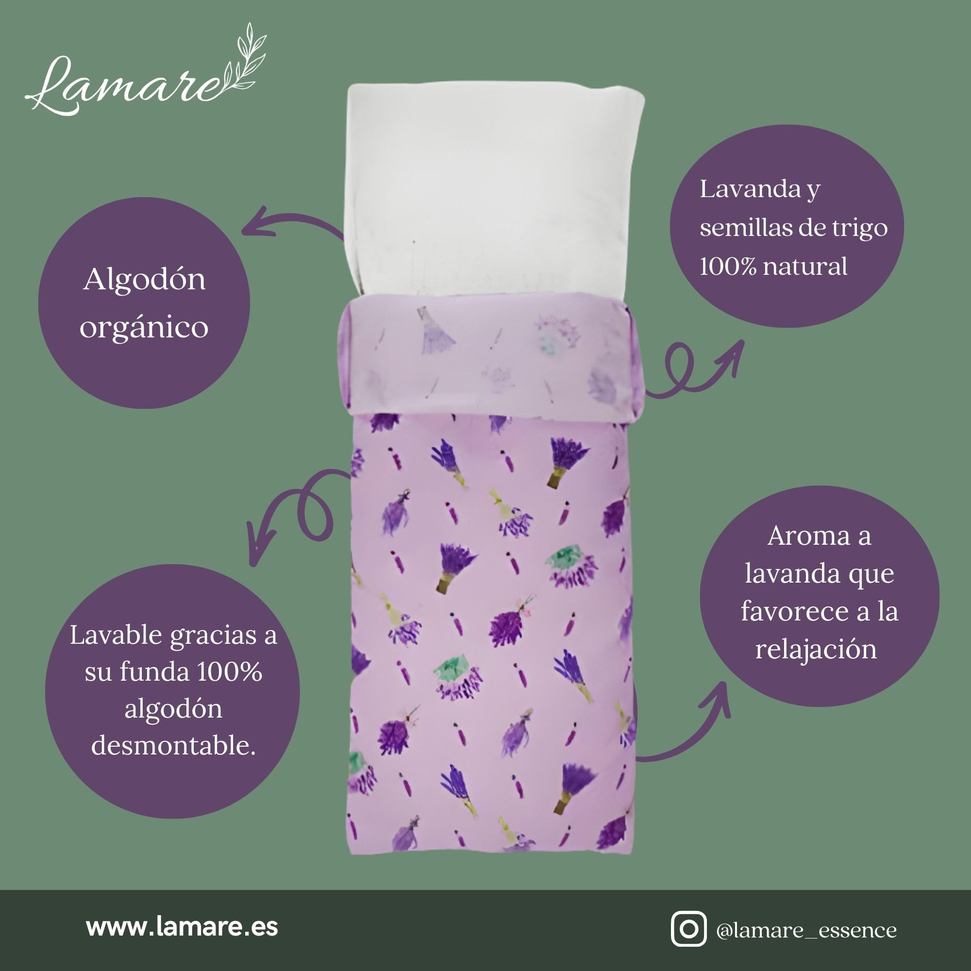 LAMARE Saco Semillas Microondas de Trigo y Lavanda 48 x 15 cm Funda Lavable 100% Algodón - Cojín Térmico Para Cervicales y Terapia Frío y Calor. Saco de Semillas Para Microondas. Lavanda Estampado.