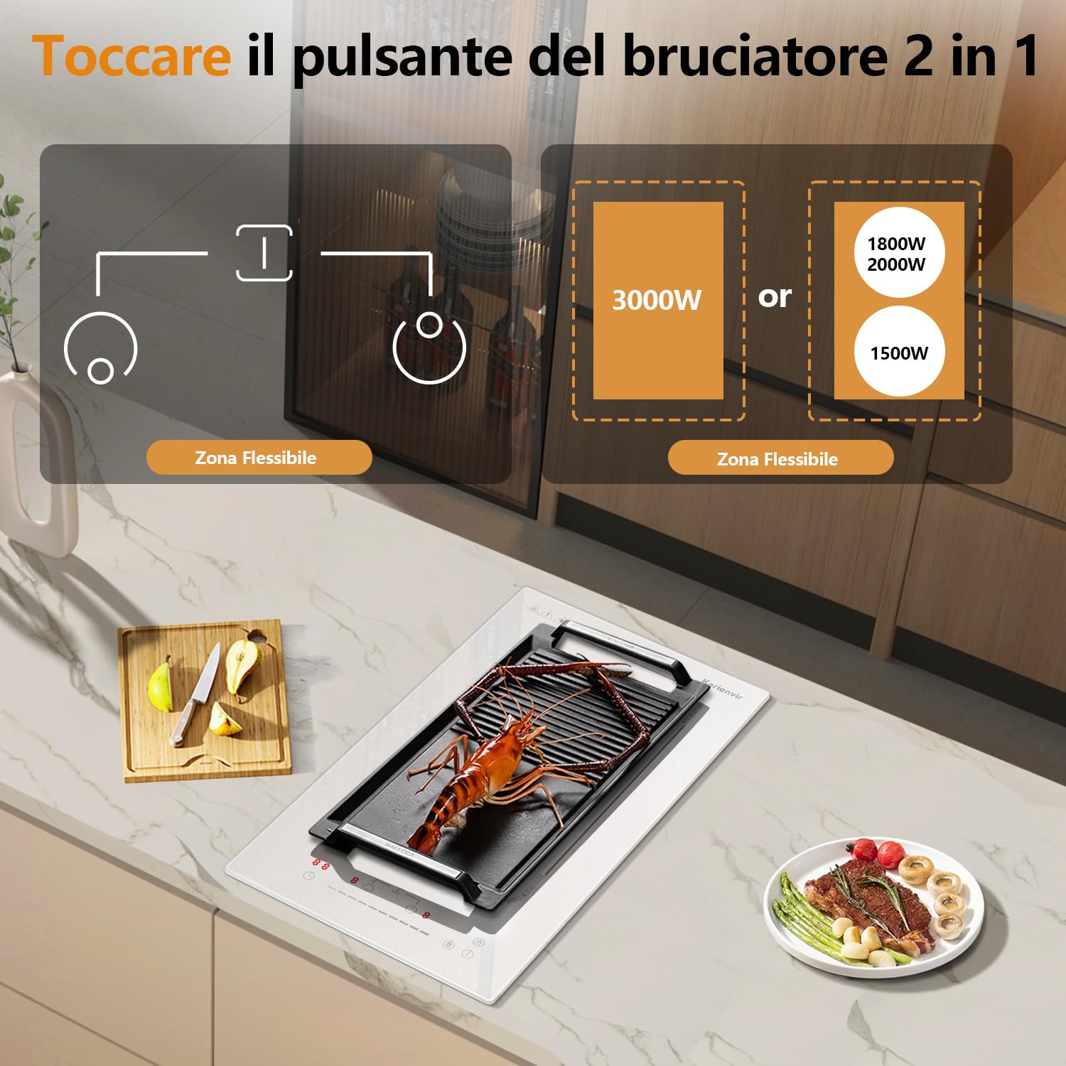 Karienvir Piano induzione 2 fuochi bianco con Spina, Piastra ad Induzione Incasso con Zona Flessibile, Comando a scorrimento, Blocco di sicurezza, Pausa, Timer di 99 minuti, 3500 W