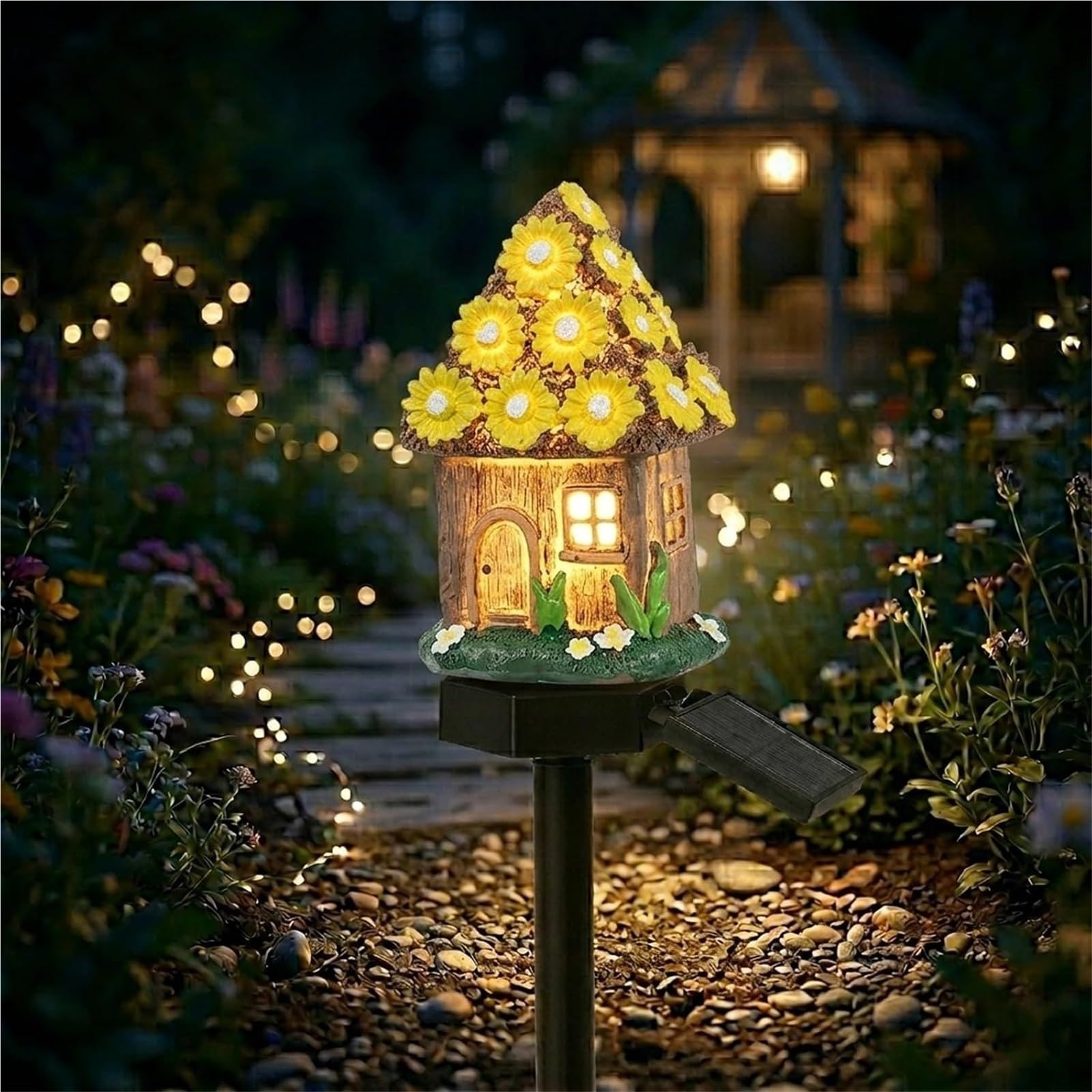 CAIFUGUIHE Solar Fairy-Tale Mushroom Cottage Garden Light, Resin Mushroom Cottage Figurine, Waterproof LED Mushrooms House Statue Lamp for Gardens, Pathways, Cozy Backyard, Lawn Decor