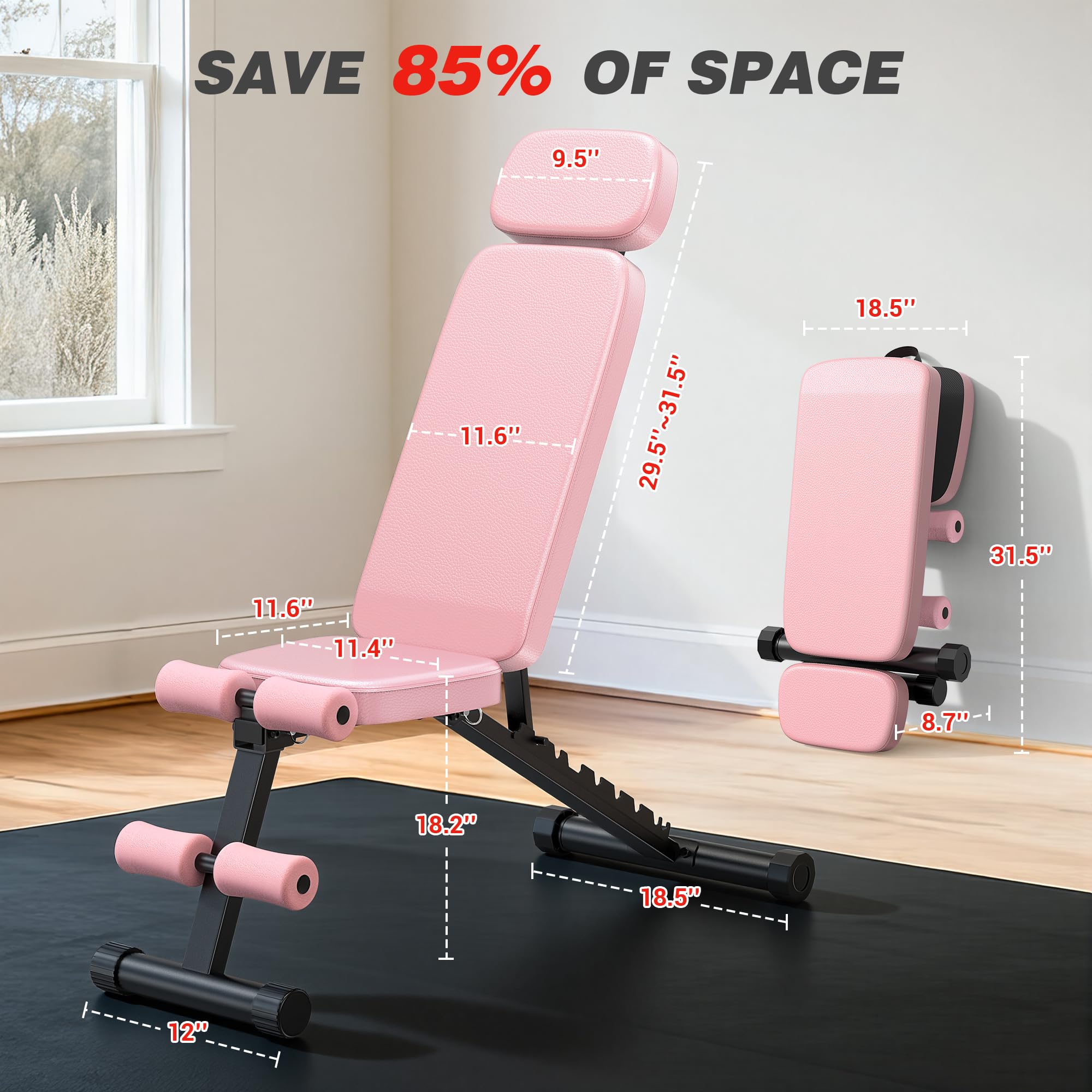 Workout Bench, 10 Backrests Adjustable Weight Bench with Extended Headrest, 800LBS Foldable Weight Bench for Home Gym, Incline Decline Flat Bench Compact for Small Space Training