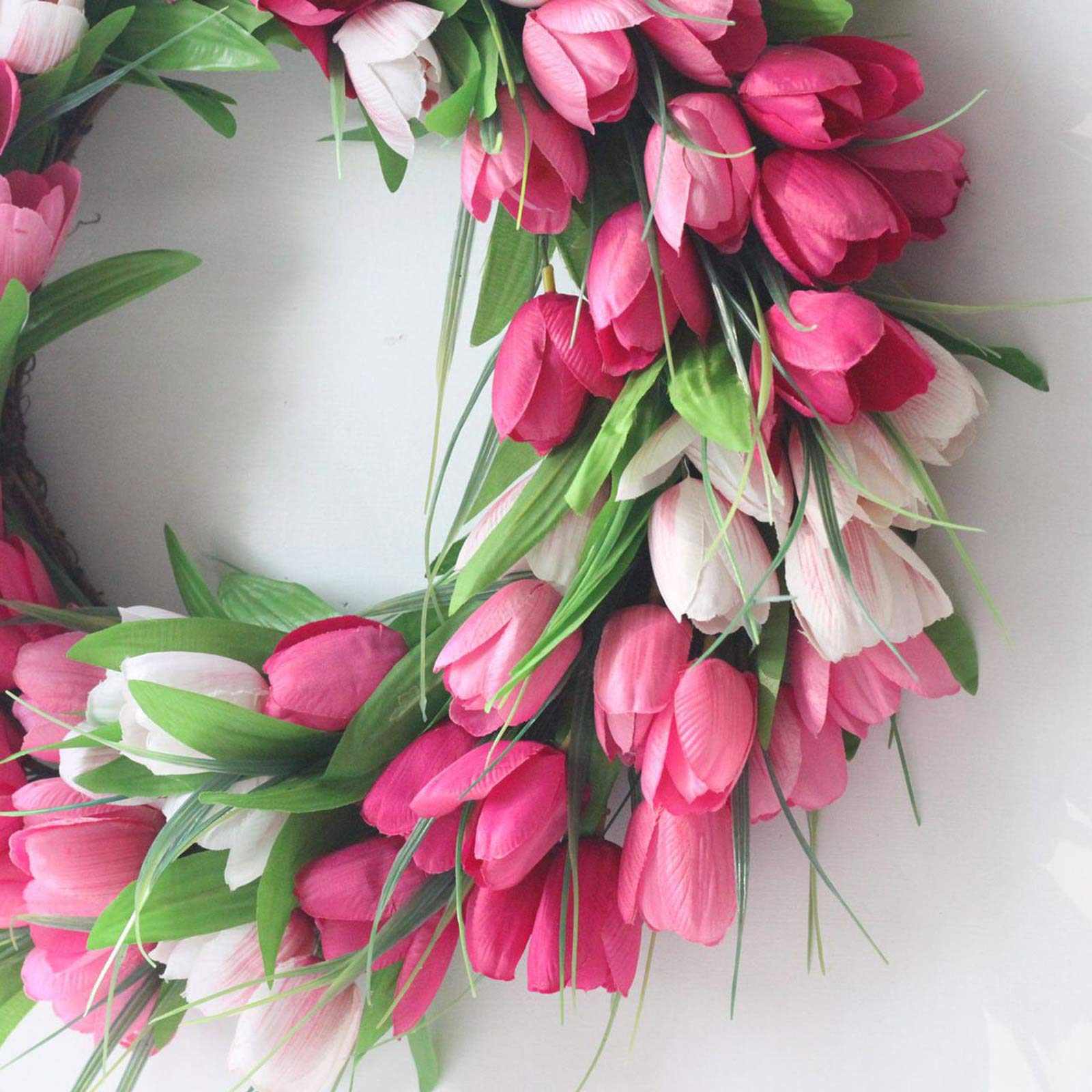 50 cm künstliche Tulpenkränze, Türkranz, Tulpenkranz, Blumenkränze für Haustür, Frühlingsseidenkranz mit grünen Blättern, für Zuhause, Hochzeitsdekoration, Rosa