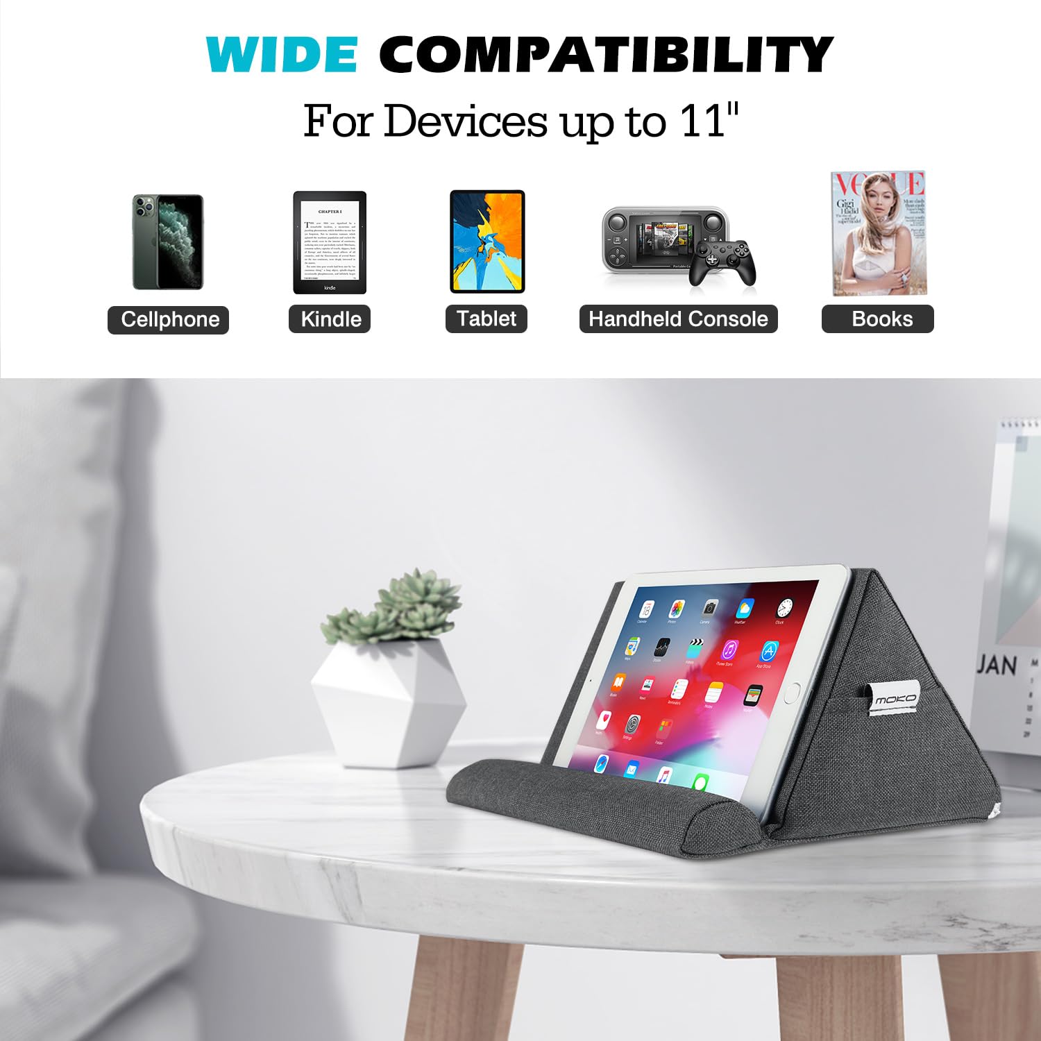 MoKo Tabletkussenstandaard, fluwelen houder voor tablet tot 11 inch tablet, houder voor eReader compatibel met iPad Air 5 10,9/Air3, iPad 10.2 2022, iPad Pro 11/10,5/9.7, Mini 5, Galaxy Tab