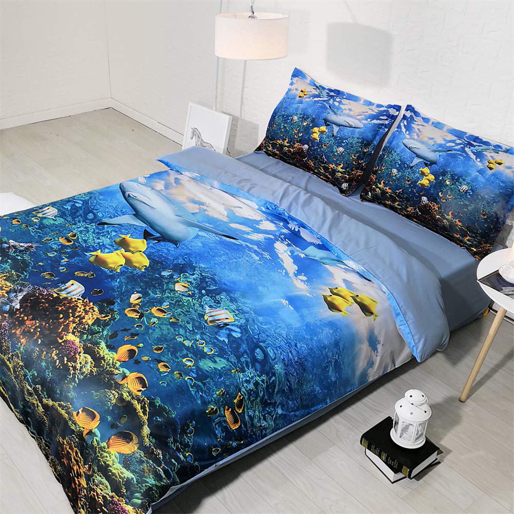 Meet 100% Algodón 400 Hilos Juego De Funda Nórdica Anti-ácaros Tiburón, Azul, Pez Coral Suave 3 Piezas(1 Funda Nórdica + 2 Fundas De Almohada 50x75cm) ((220x 240cm+2/75x50cm) - Cama de 150/160)