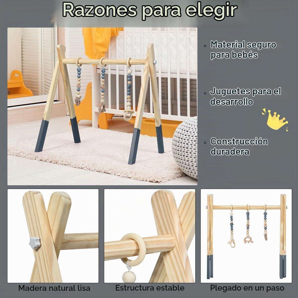 LIFEZEAL Gimnasio Bebé, arco de juego de madera para bebés, equipo de juego para bebés con 3 juguetes, gimnasio plegable para bebés a partir de 3 meses(Gris)