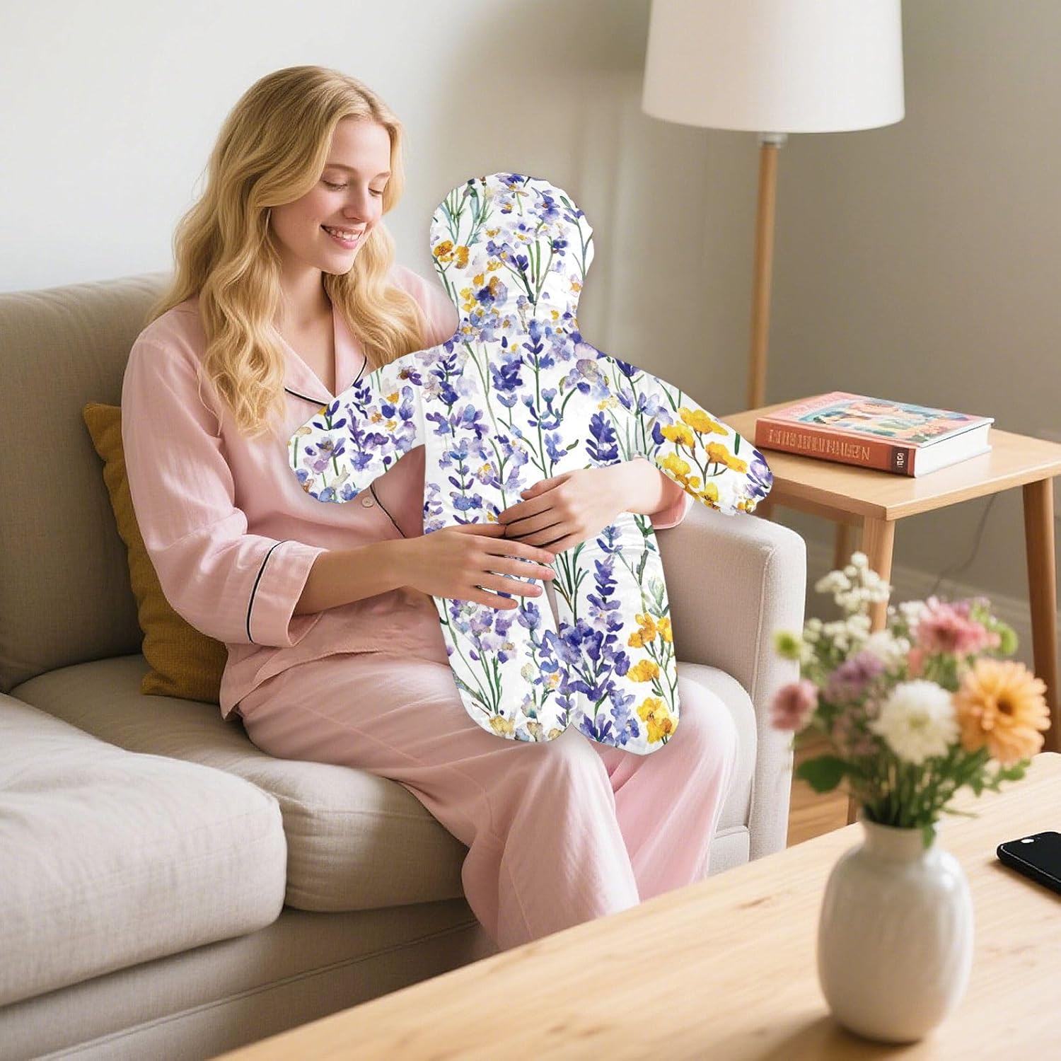 Human Shape Pillow Hypoallergenic Cuddling Pillows Anxiety Relief for Kids Lavender Flowers Purple and Yellow