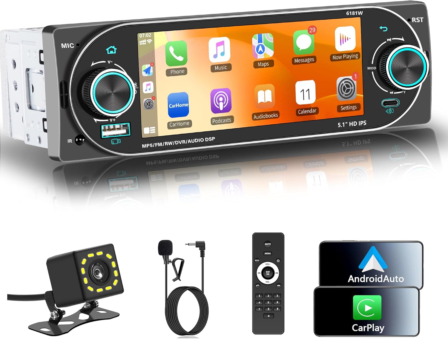 Single DIN Radio Car Stereo Wireless Apple Carplay，Dual Knobs & HD Touchscreen Radio for Car， Bluetooth 6.0 Car Play Android Auto, 60W x 4 Output, AM/FM Radio，USB,SWC, Backup Camera (Black)