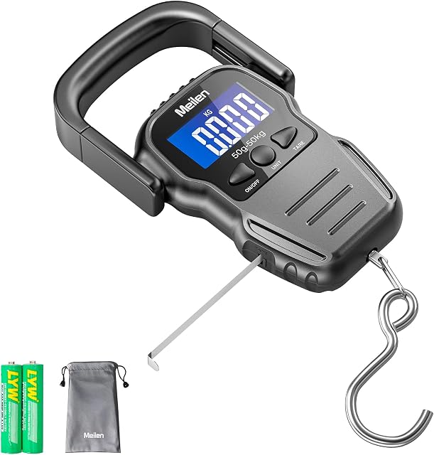 Fish Scale, 110lb/50kg Luggage Scale with Backlit LCD Display, Digital Fishing Scale with Measuring Tape Hanging Scale, 2 AAA Batteries Included