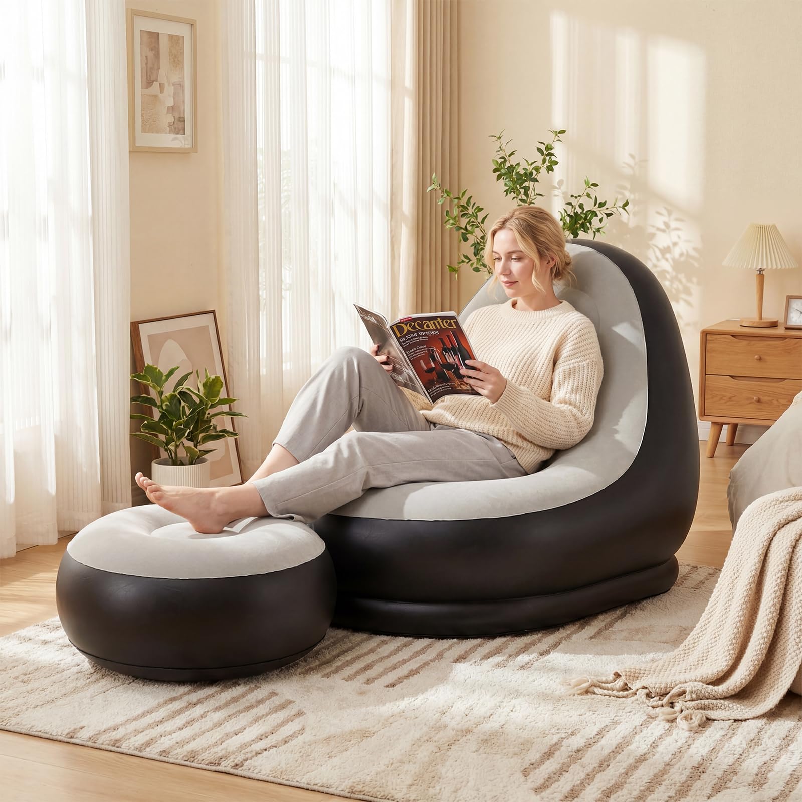 GOPLUS Sofa Hinchable Camping con Reposapiés, Sillon Infable Relax con Respaldo,Portavasos y Parches de Reparación, Puff Plegable Exterior, Silla Inflable para Balcón Jardín (con reposapiés)