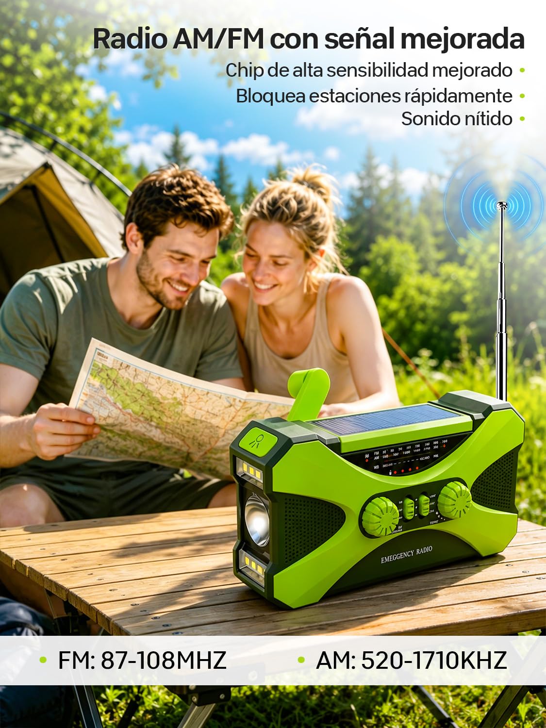 Radio Manivela Solar Emergencia, Emergencia Portátil, Manivela Solar Am/FM, Batería Power Bank 10000mAh, Radio de Supervivencia con Manivela, Linterna, Alarma SOS (Verde)