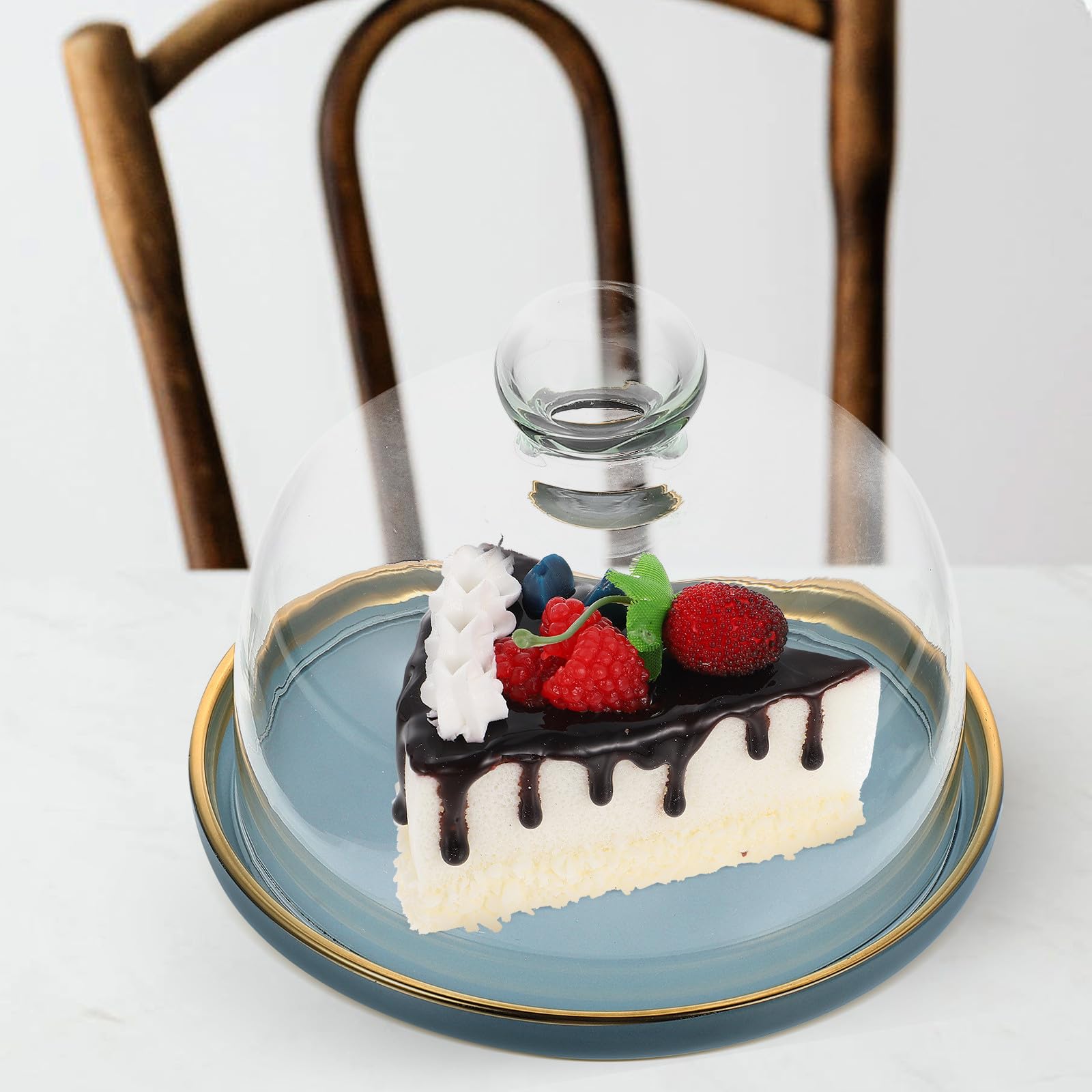 Zerodeko Cúpula de Vidrio para Tartas con Bandeja Redonda Azul, Tapa Protectora para Mantener Frescura en Fiestas y Bodas, Adecuado para Servir Postres y Aperitivos