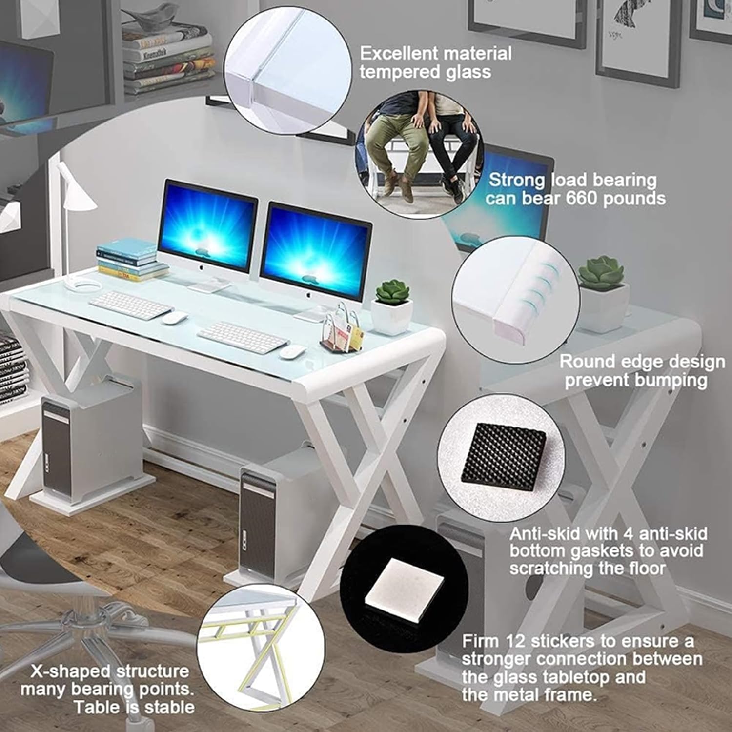 BINGTOO 55.1" Glass Top Computer Desk with Metal Frame - Modern Simple Workstation for Home Office, Gaming, Writing, Study & Work, White