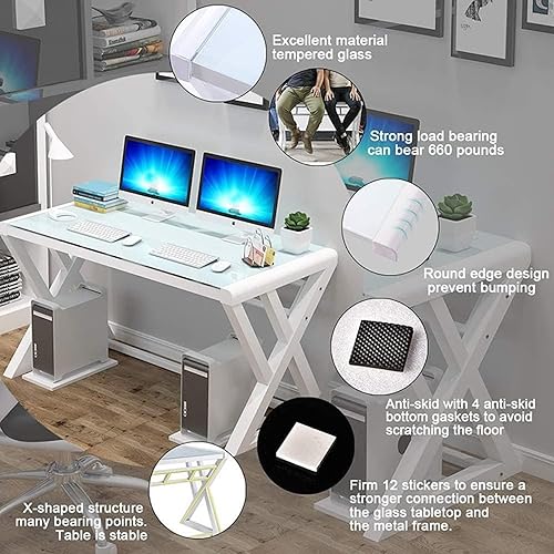 Miniatura 5 de BINGTOO Escritorio de computadora con parte superior de cristal, escritorio de oficina en casa, mesa de computadora moderna y simple para oficina,