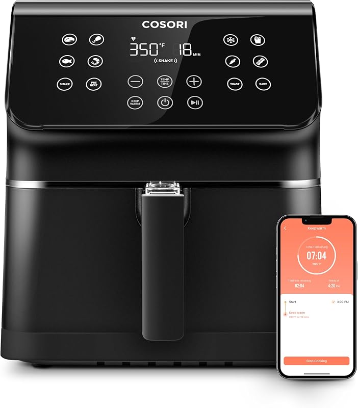 COSORI Air Fryer Pro Smart 5.8QT que asa, hornea, control de 3 vías, funciones personalizables 12 en 1, recetas en línea, cesta desmontable, funciona con Alexa y Google Assistant