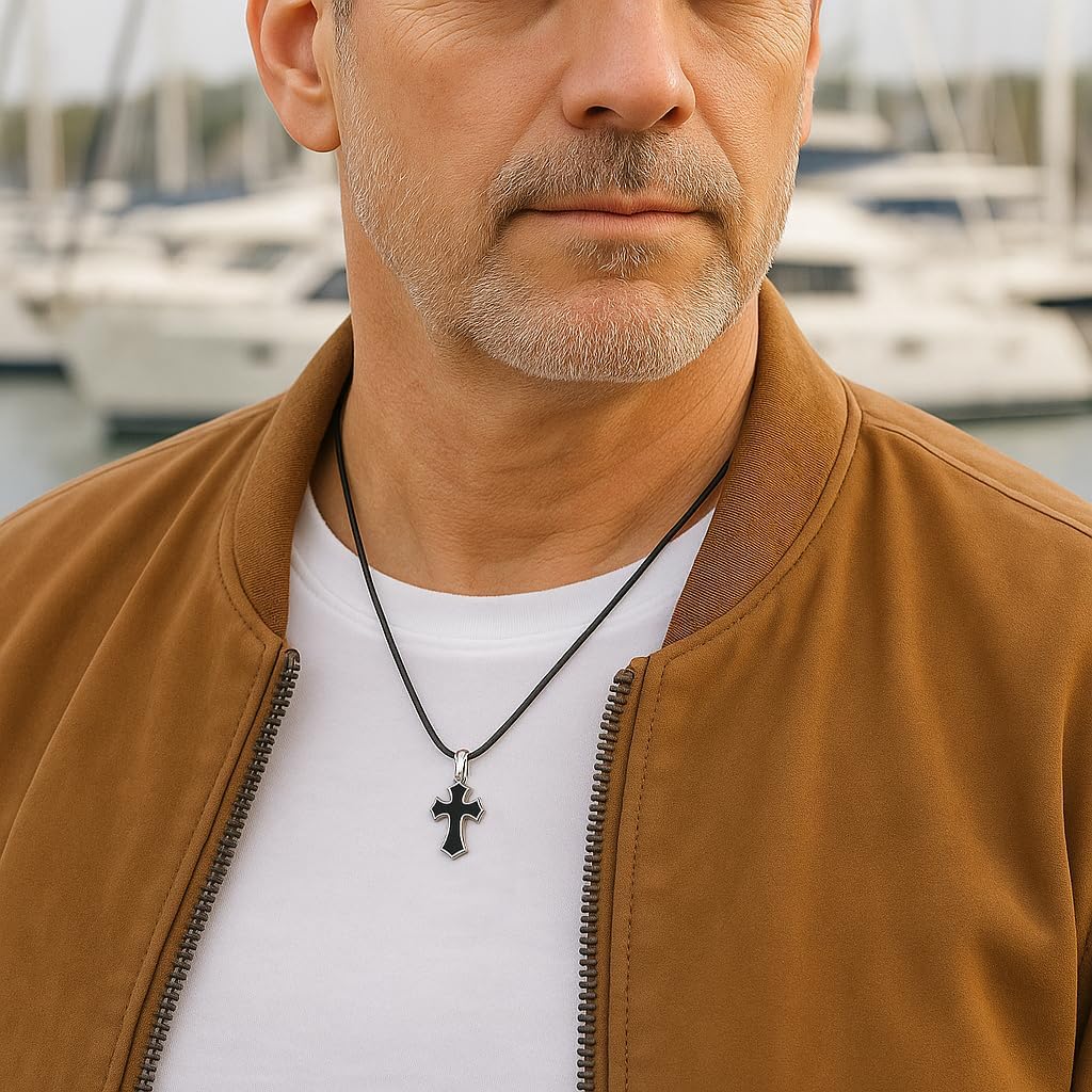 Black Cross Necklace – 925 Sterling Silver – Small Gothic Cross Pendant with Black Enamel Inlay – Christian Religious Jewelry for Men Women – Handmade