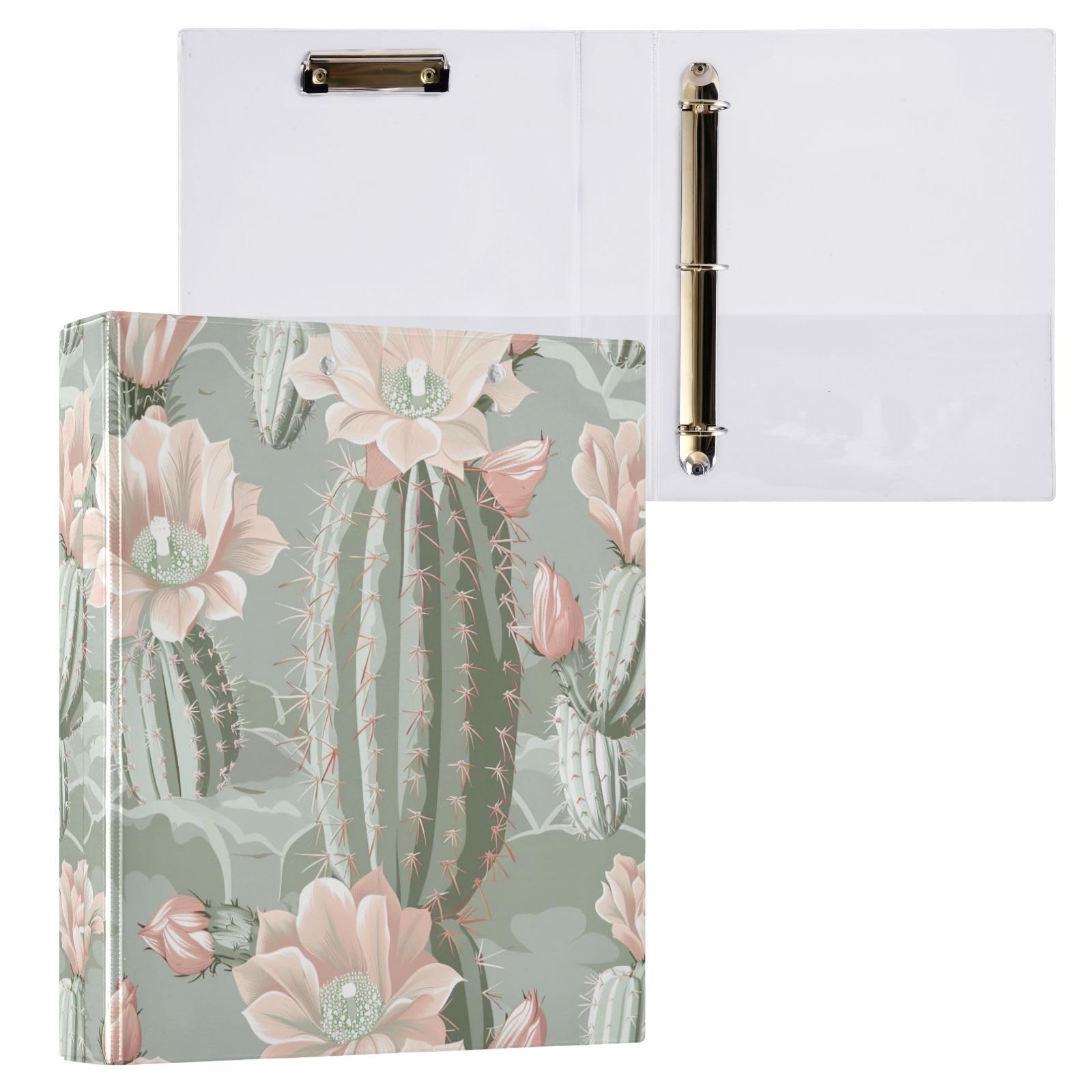 Raccoglitori a 3 anelli da 3,8 cm, con fiore di cactus, decorativi, rotondi, con clip in metallo, organizer per casa e ufficio, confezione da 2