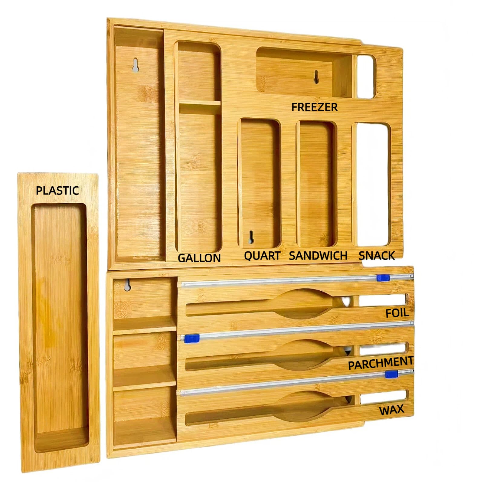 Bambus-Folien- und Frischhaltefolien-Organizer mit Schneider, Ziplock-Beutel-Organizer mit Schneider für Küchenschublade, Spender kompatibel mit Gallonen-, Quart-, Sandwich-, Snack-Beuteln in