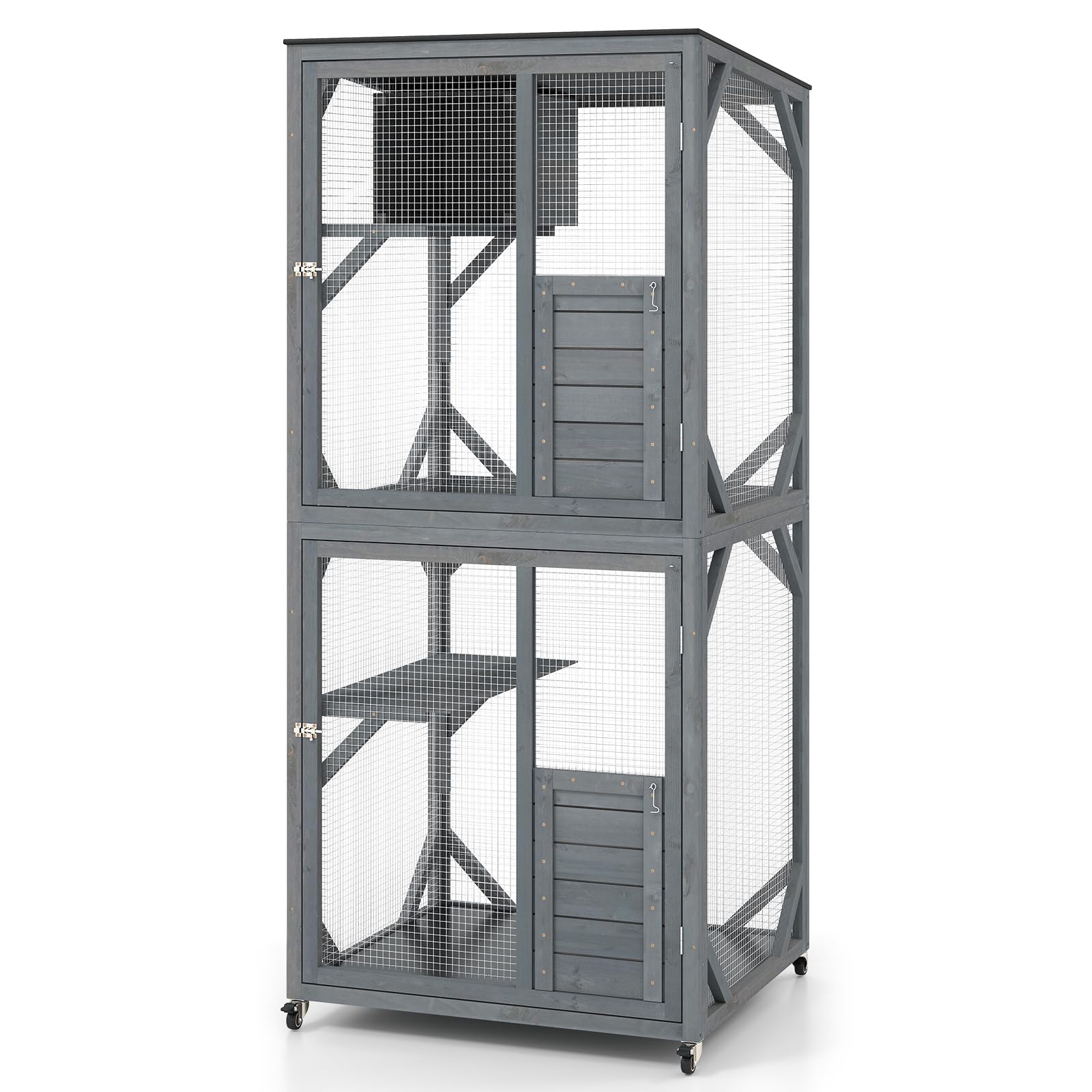 GYMAX Large Cat House, Wooden Cat Enclosure on Wheels (81 x 71 x 182.5)