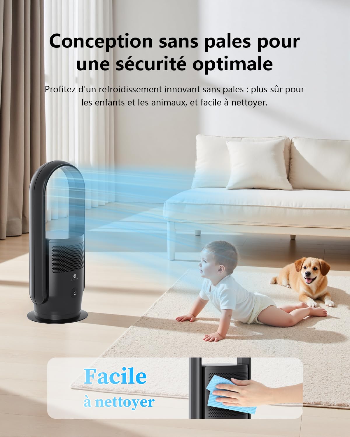 Ventilateur Tour Sans Pales, ULTTY Ventilateur avec Purificateur D'air Silencieux Avec H13 HEPA Filtre Télécommande, Hauteur 60 cm, Tower Fan pour Chambre à Coucher, Bureau, CR021 Noir