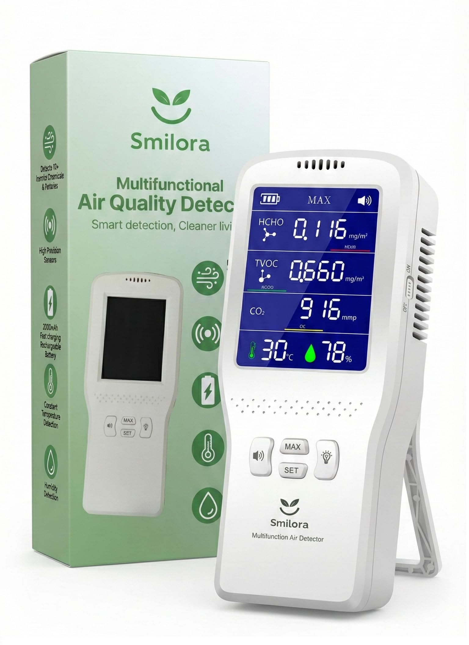 Smilora™ Portable Air Quality Monitor & Pollution Detector Meter Formaldehyde Tester TVOC, HCHO, CO₂, Temperature & Humidity Sensor with 2000mAh Rechargeable Lithium Battery & 1-Year Product Warranty