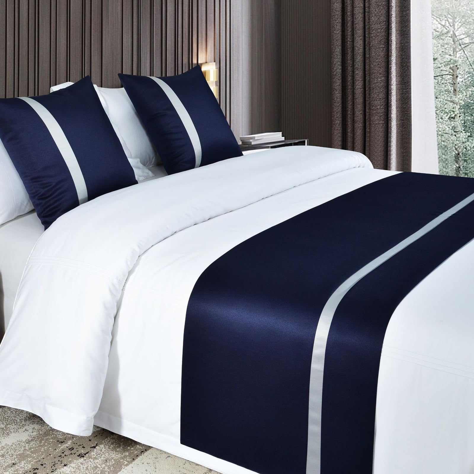 QRGMKL Silky Soft Bed Runners Solid Color Bed Scarf Bed Runner for Foot of Bed Contrast Color Bedspread Hotel Bedding Protector-Dark Blue||180X50cm for 1.2m Bed